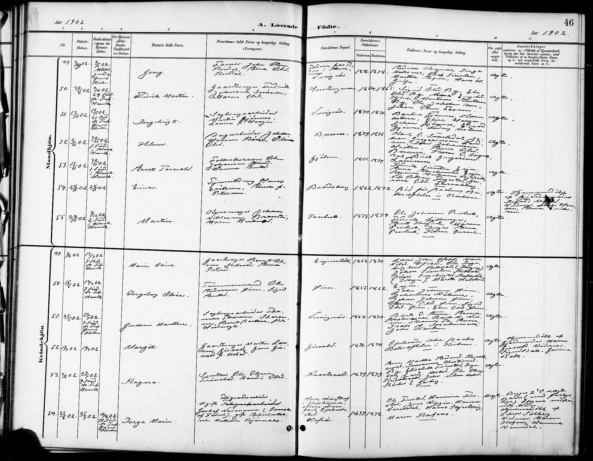 Ministerialprotokoller, klokkerbøker og fødselsregistre - Sør-Trøndelag, AV/SAT-A-1456/668/L0819: Klokkerbok nr. 668C08, 1899-1912, s. 46