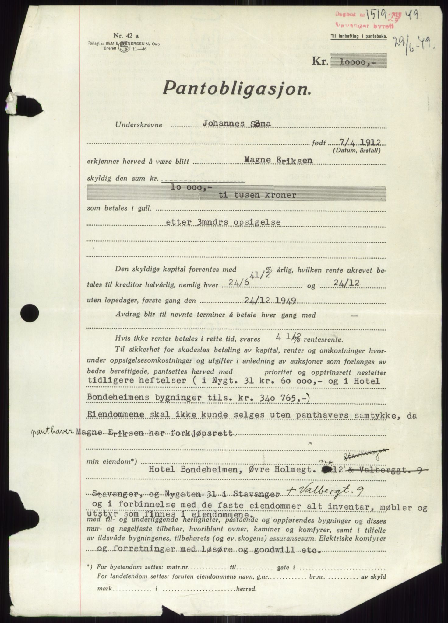 Stavanger byrett, SAST/A-100455/002/G/Gb/L0032: Pantebok, 1947-1950, Dagboknr: 1519/1949