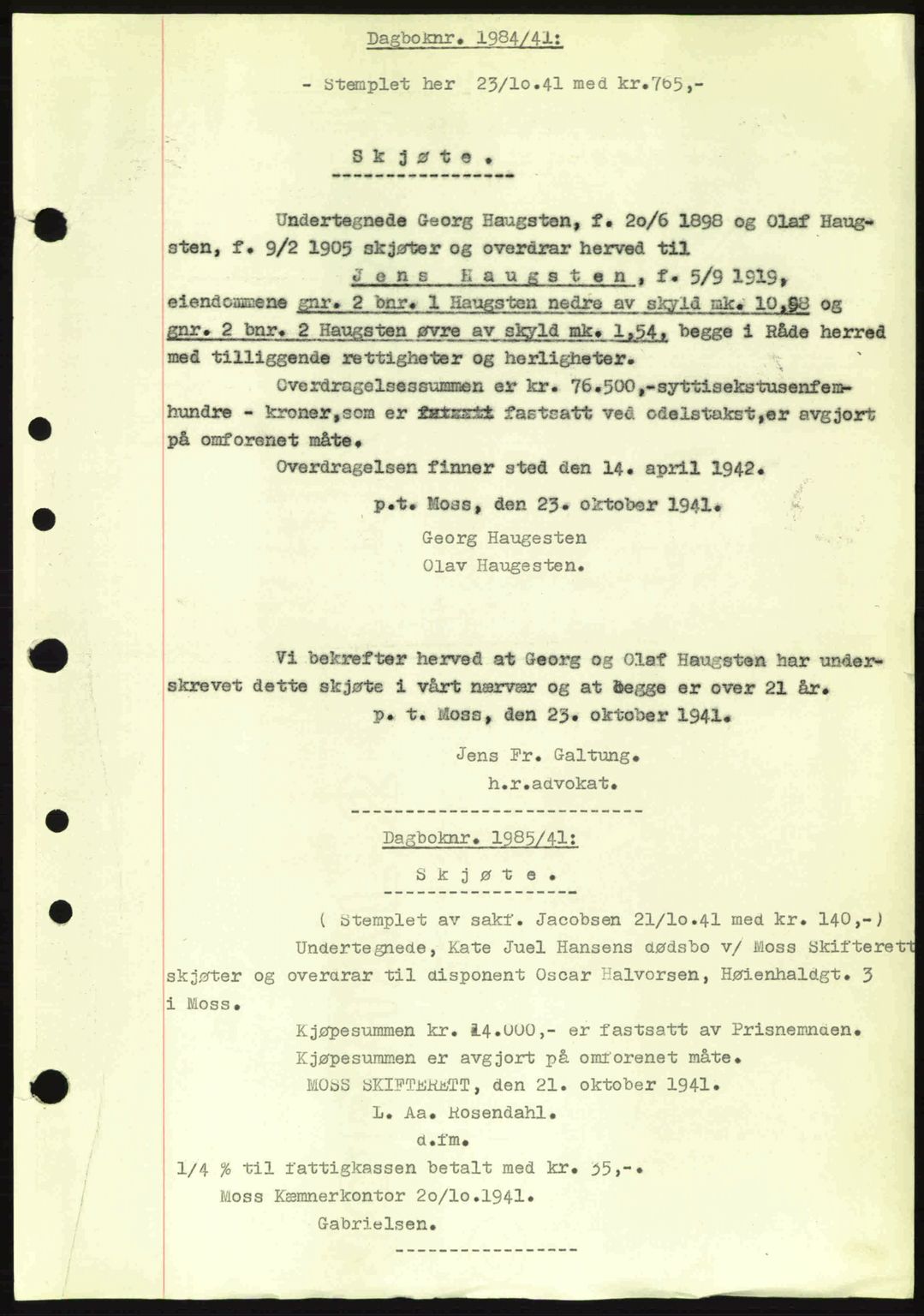 Moss sorenskriveri, SAO/A-10168: Pantebok nr. A9, 1941-1942, Dagboknr: 1984/1941