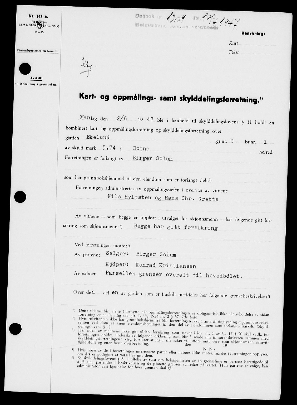 Holmestrand sorenskriveri, SAKO/A-67/G/Ga/Gaa/L0062: Pantebok nr. A-62, 1947-1947, Dagboknr: 1209/1947