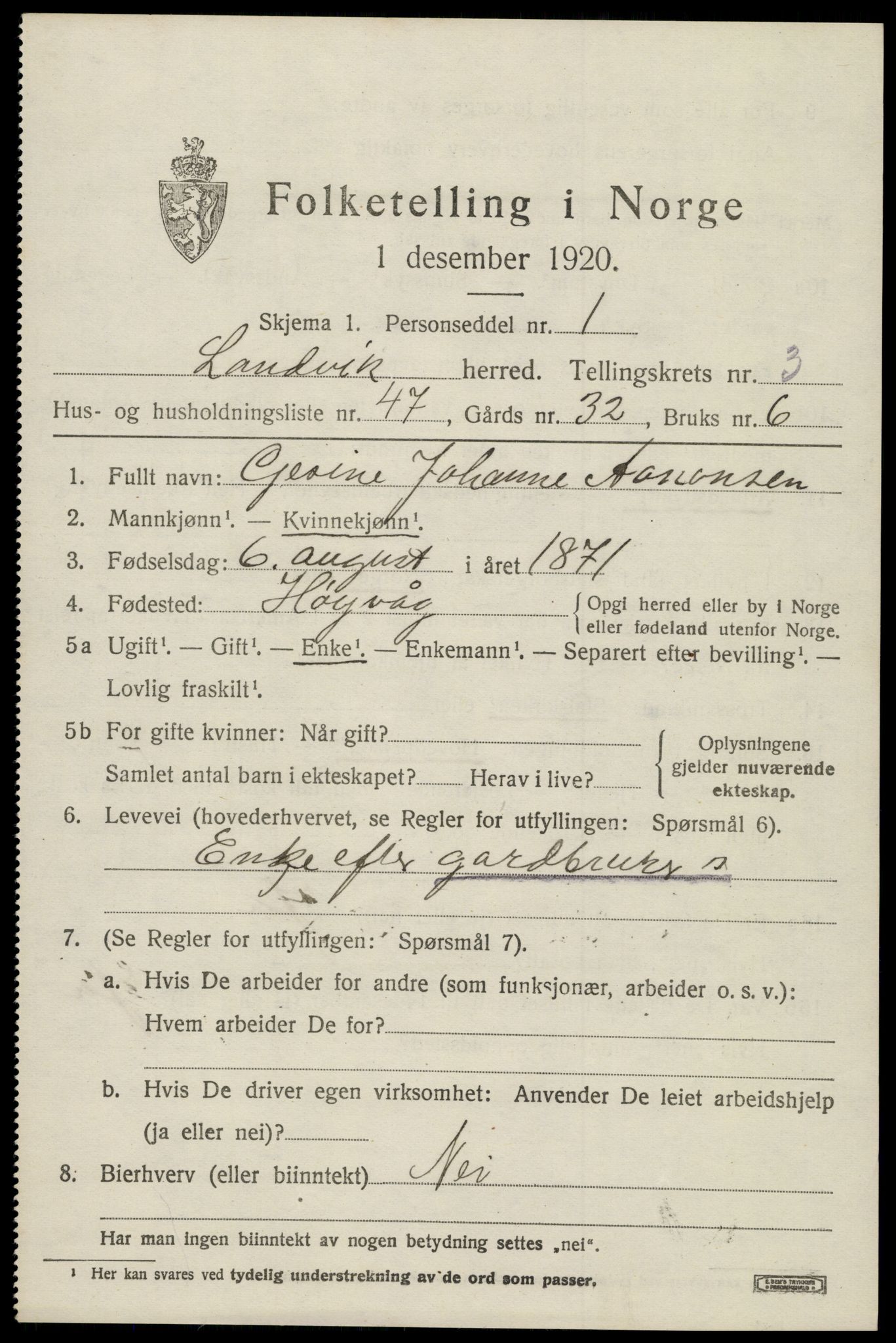 SAK, Folketelling 1920 for 0924 Landvik herred, 1920, s. 3342