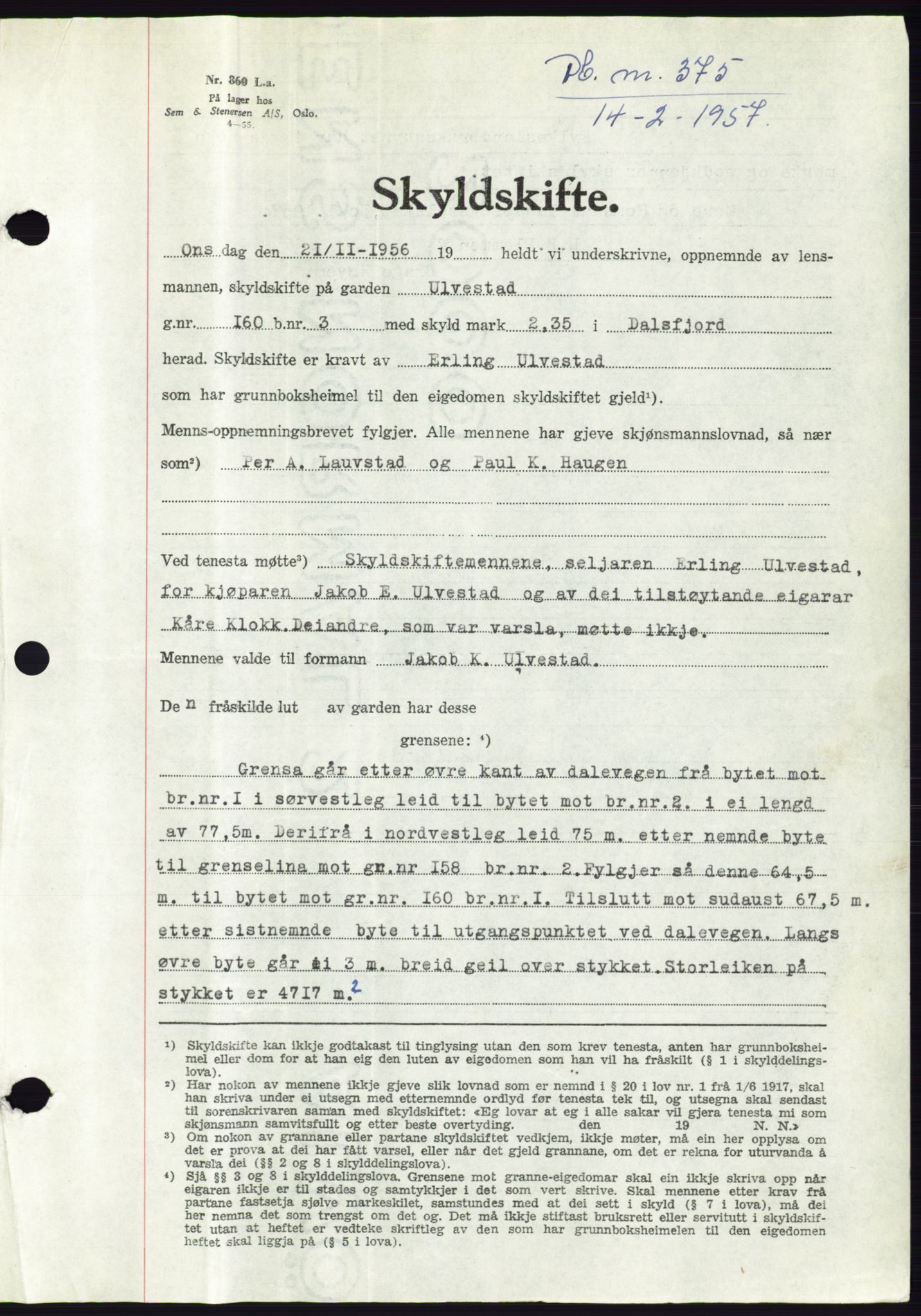 Søre Sunnmøre sorenskriveri, SAT/A-4122/1/2/2C/L0105: Pantebok nr. 31A, 1956-1957, Dagboknr: 375/1957