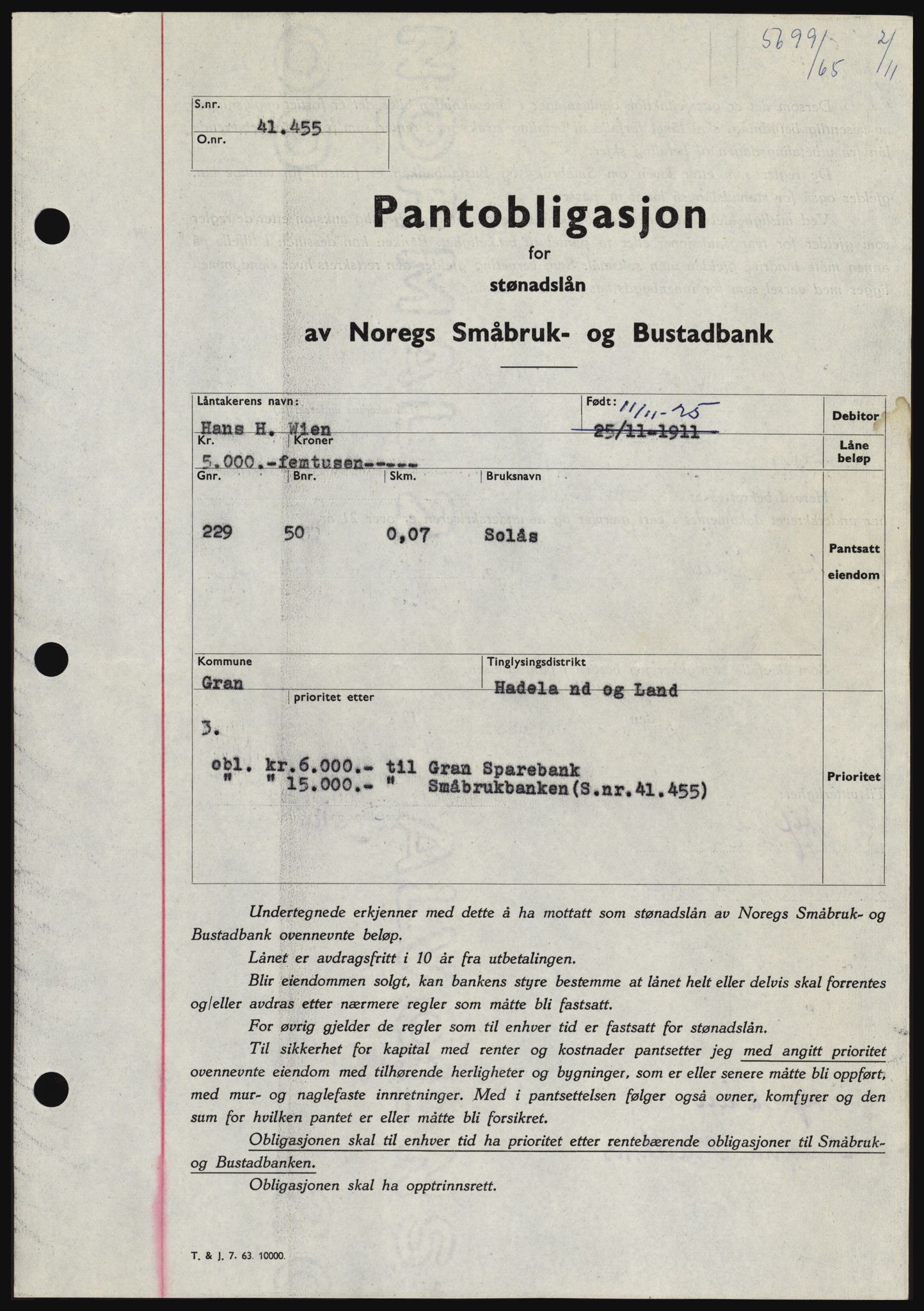 Hadeland og Land tingrett, SAH/TING-010/H/Hb/Hbc/L0060: Pantebok nr. B60, 1965-1965, Dagboknr: 5699/1965