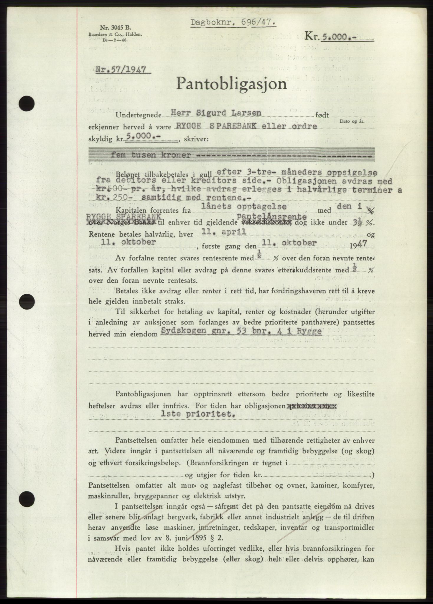 Moss sorenskriveri, SAO/A-10168: Pantebok nr. B16, 1946-1947, Dagboknr: 696/1947