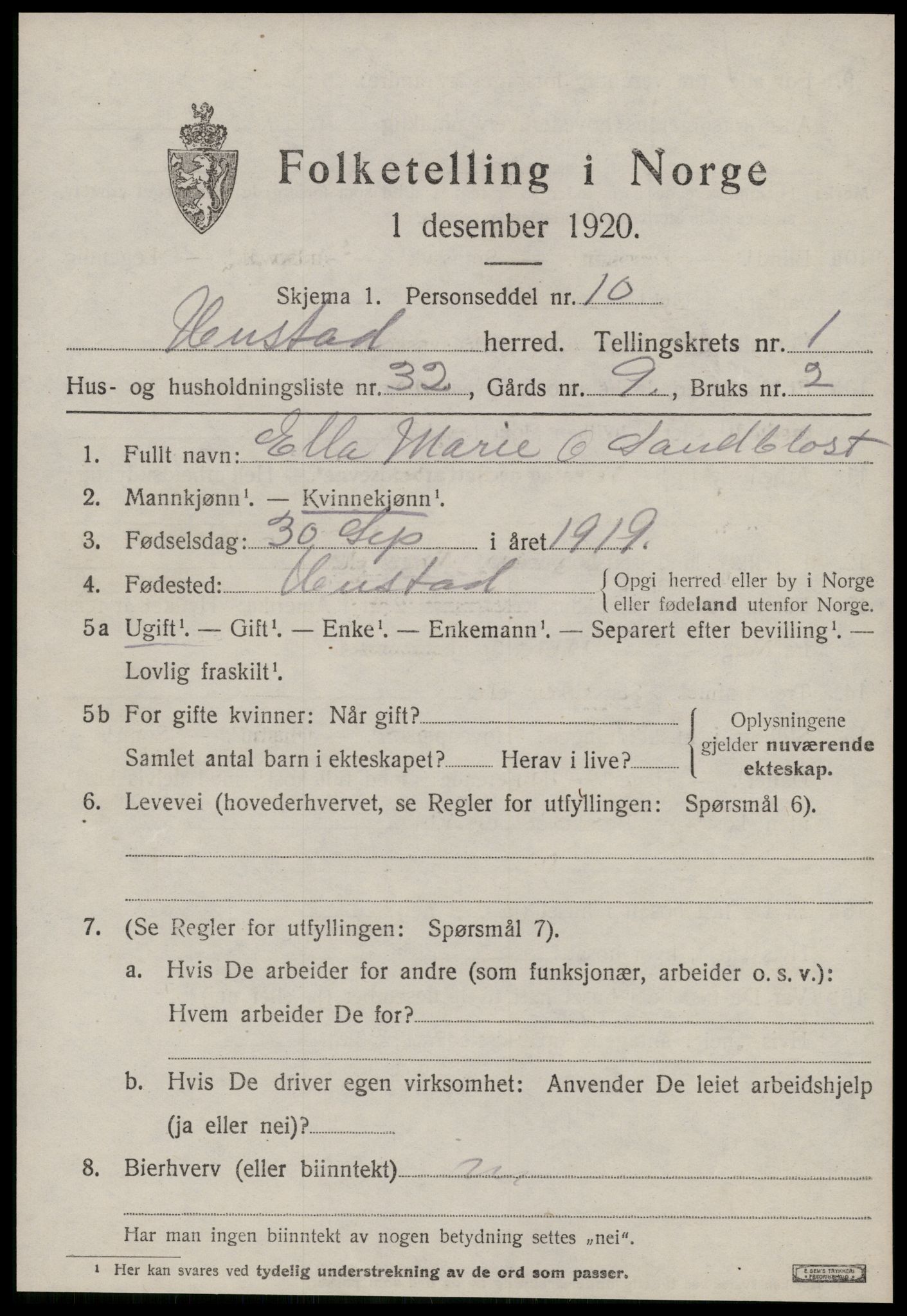 SAT, Folketelling 1920 for 1550 Hustad herred, 1920, s. 1153