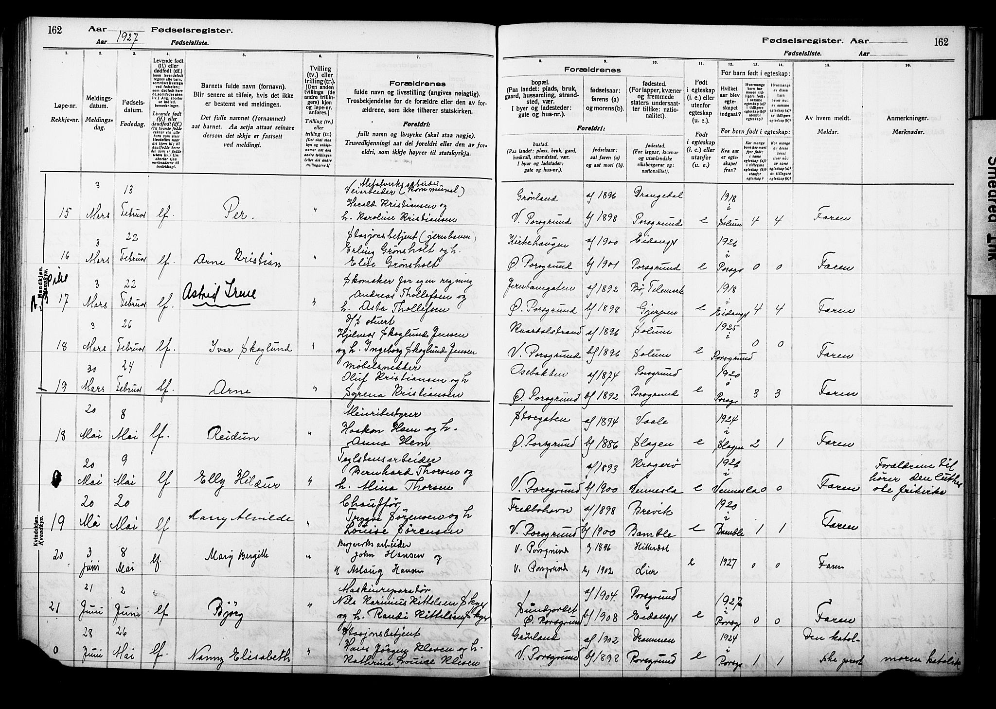 Porsgrunn kirkebøker , AV/SAKO-A-104/J/Ja/L0001: Fødselsregister nr. 1, 1916-1929, s. 162