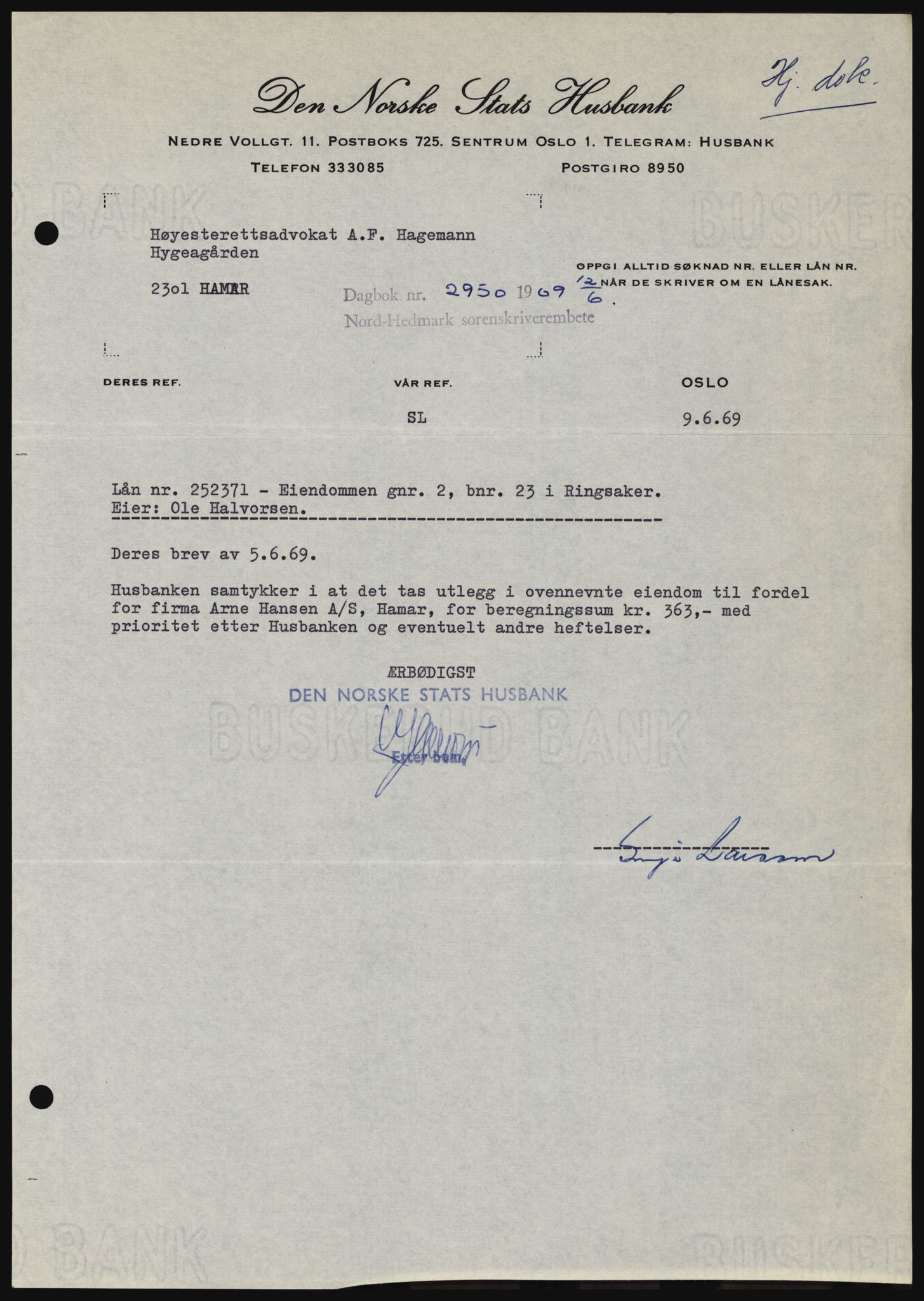 Nord-Hedmark sorenskriveri, SAH/TING-012/H/Hc/L0030: Pantebok nr. 30, 1969-1969, Dagboknr: 2950/1969