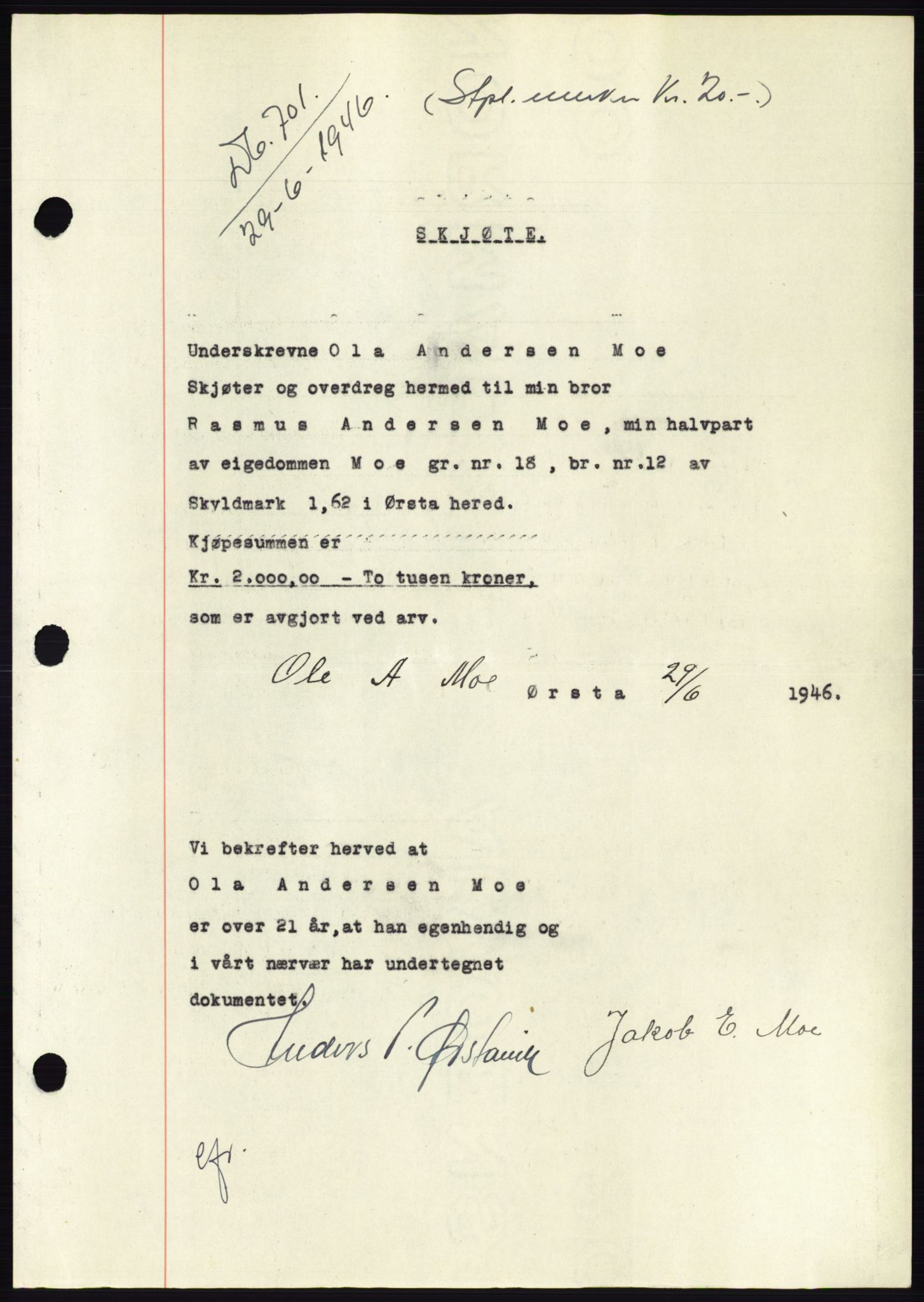 Søre Sunnmøre sorenskriveri, SAT/A-4122/1/2/2C/L0078: Pantebok nr. 4A, 1946-1946, Dagboknr: 701/1946