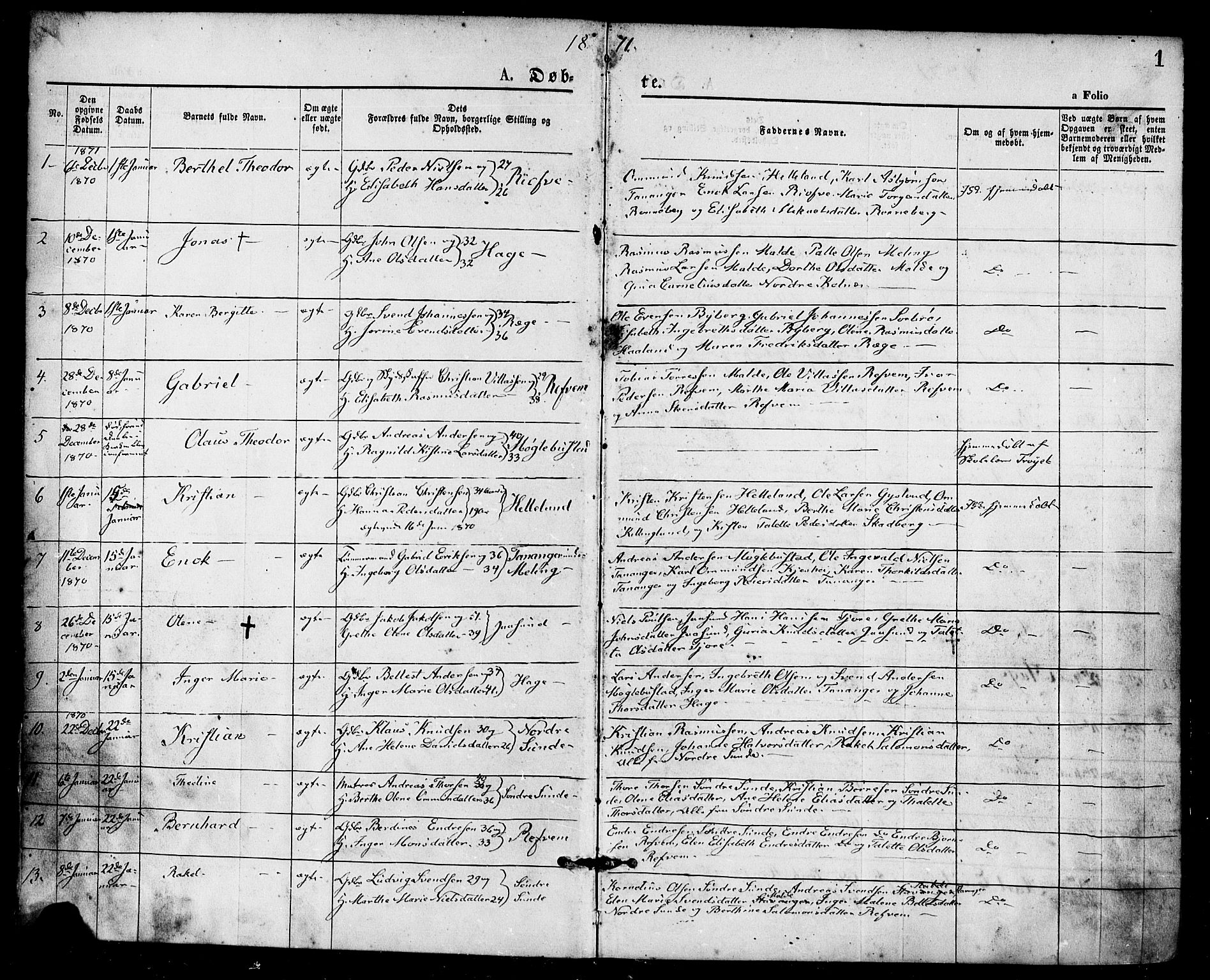 Håland sokneprestkontor, AV/SAST-A-101802/001/30BA/L0009: Ministerialbok nr. A 8, 1871-1882, s. 1