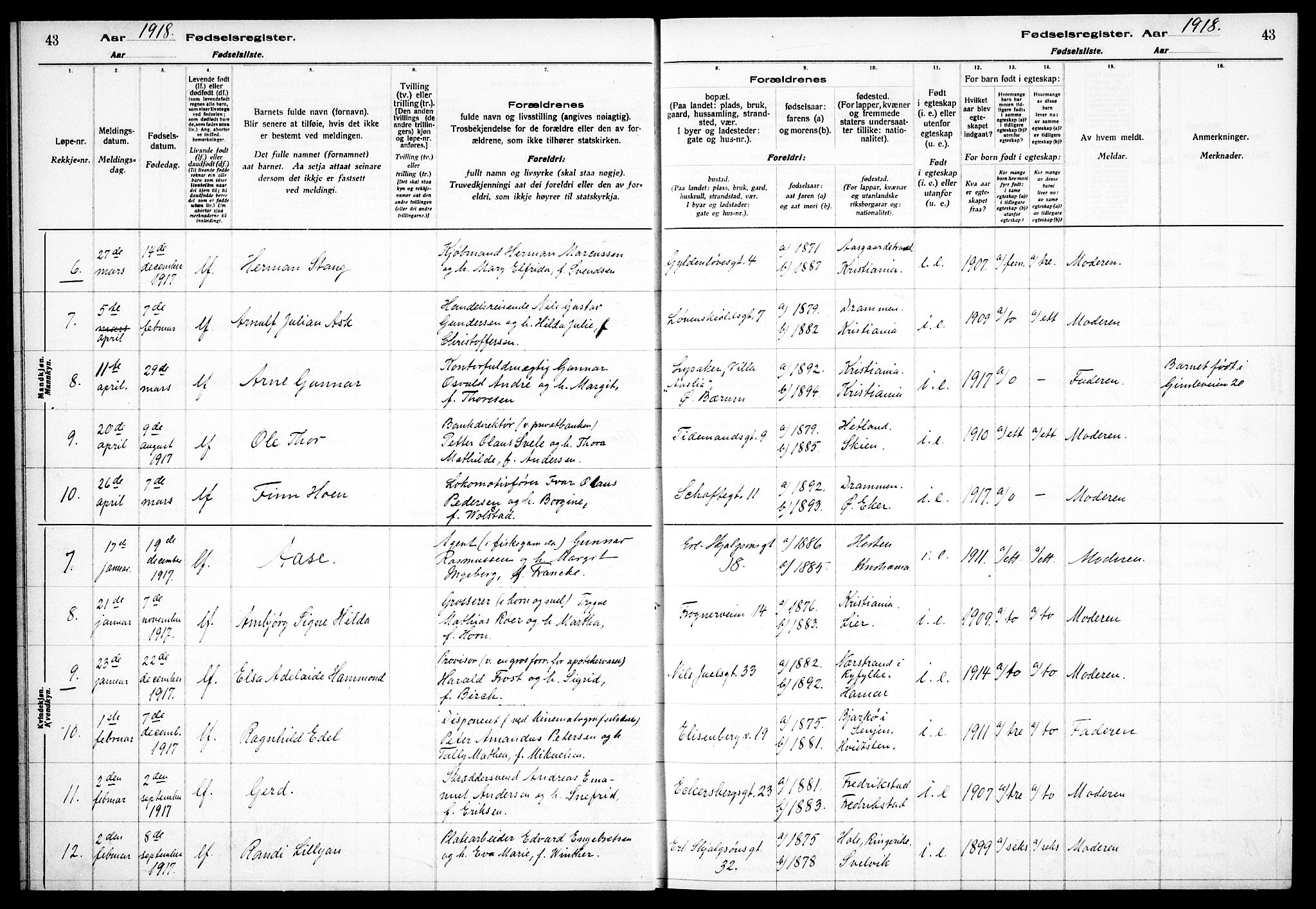 Frogner prestekontor Kirkebøker, AV/SAO-A-10886/J/Ja/L0001: Fødselsregister nr. 1, 1916-1927, s. 43