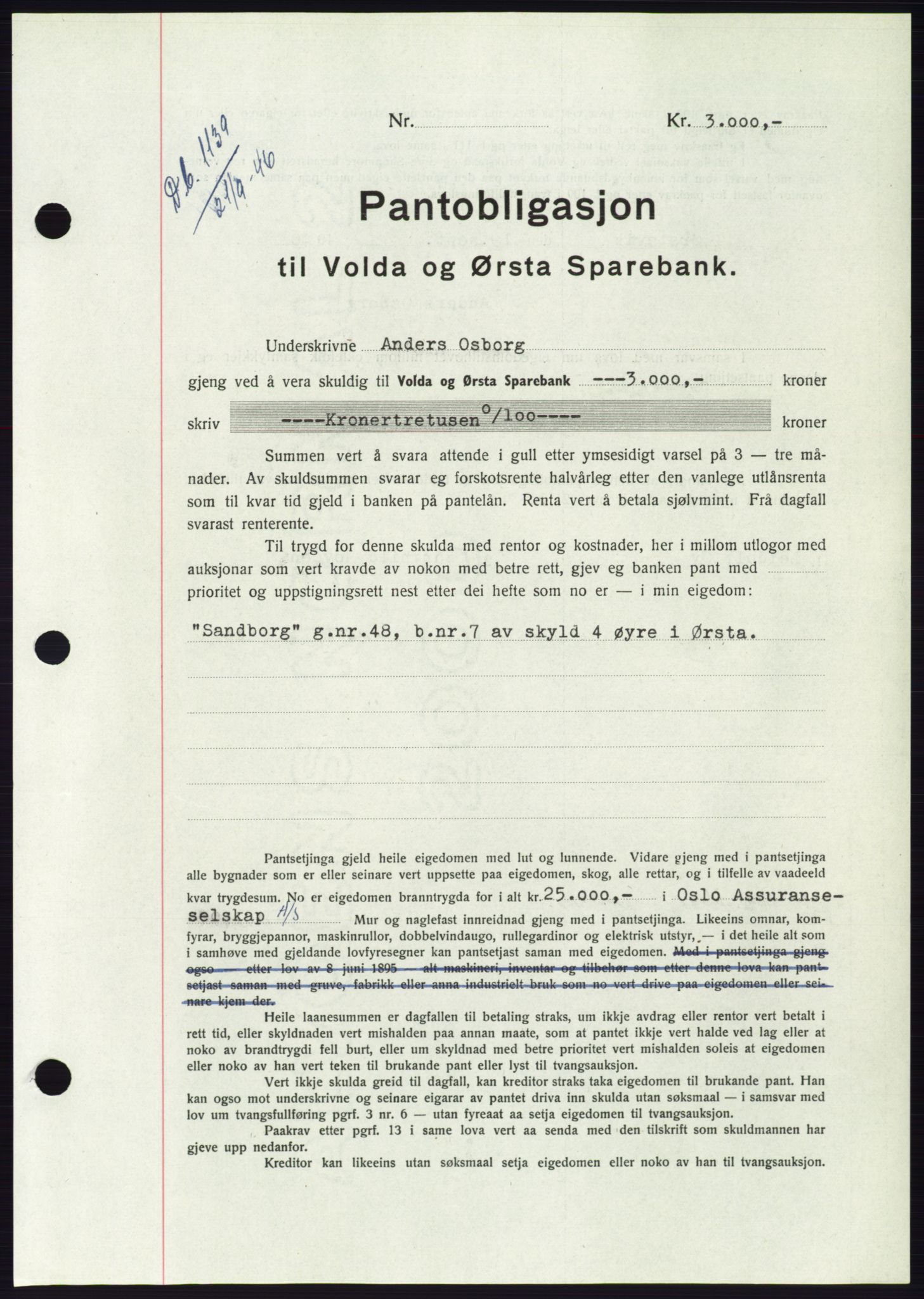 Søre Sunnmøre sorenskriveri, AV/SAT-A-4122/1/2/2C/L0114: Pantebok nr. 1-2B, 1943-1947, Dagboknr: 1139/1946