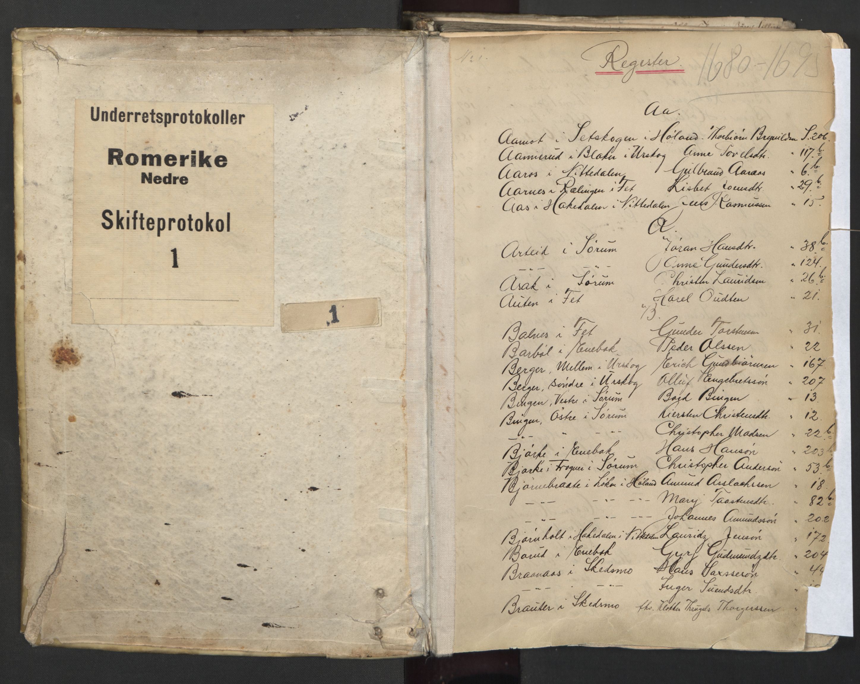 Nedre Romerike sorenskriveri, AV/SAO-A-10469/H/Hd/Hda/L0001: Skifteprotokoll, 1680-1695