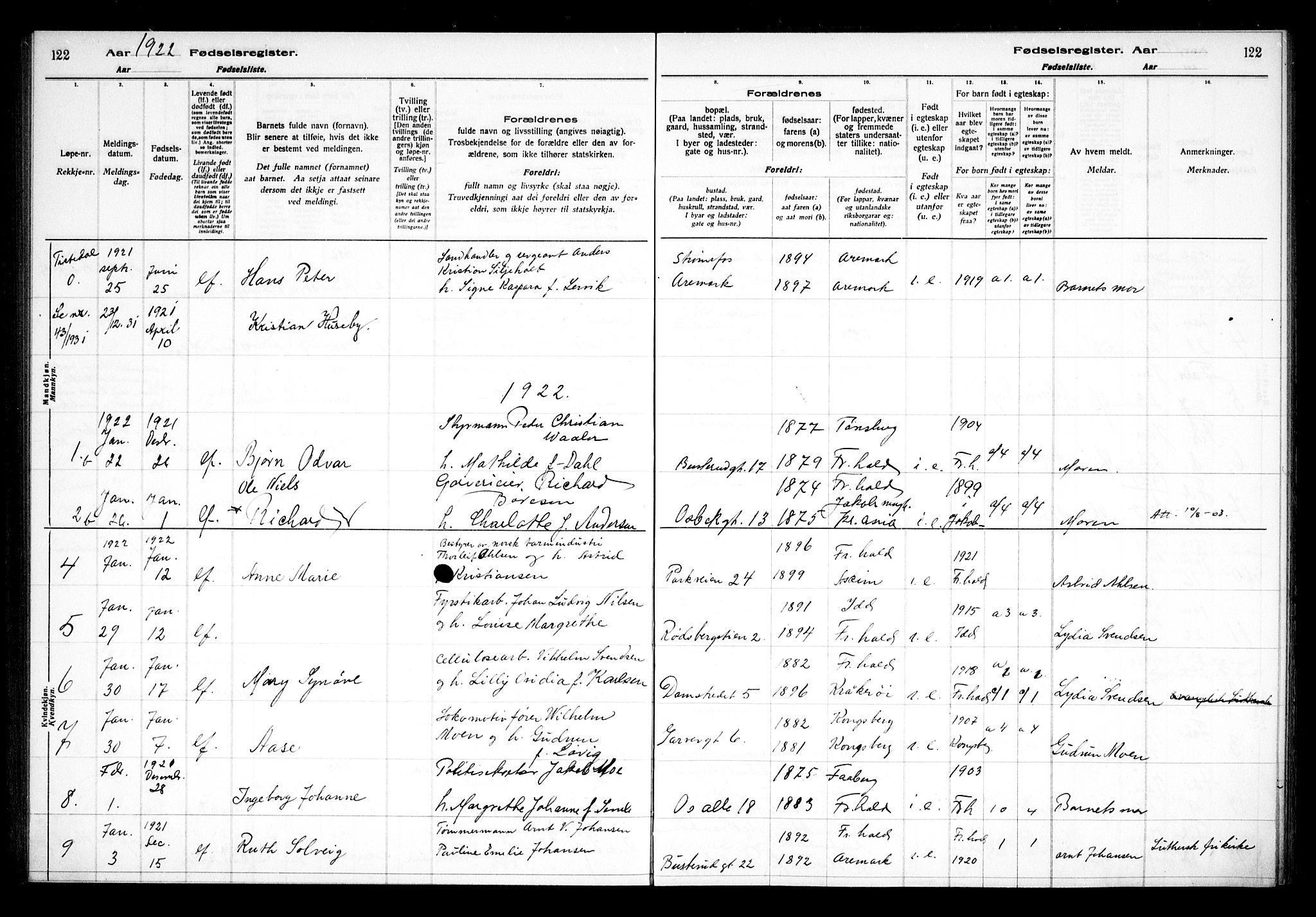 Halden prestekontor Kirkebøker, AV/SAO-A-10909/J/Ja/L0001: Fødselsregister nr. I 1, 1916-1925, s. 122