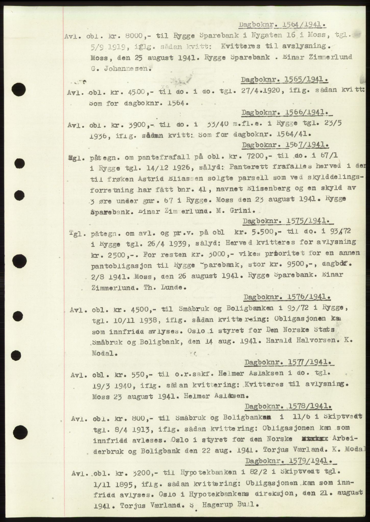 Moss sorenskriveri, SAO/A-10168: Pantebok nr. C10, 1938-1950, Dagboknr: 1564/1941