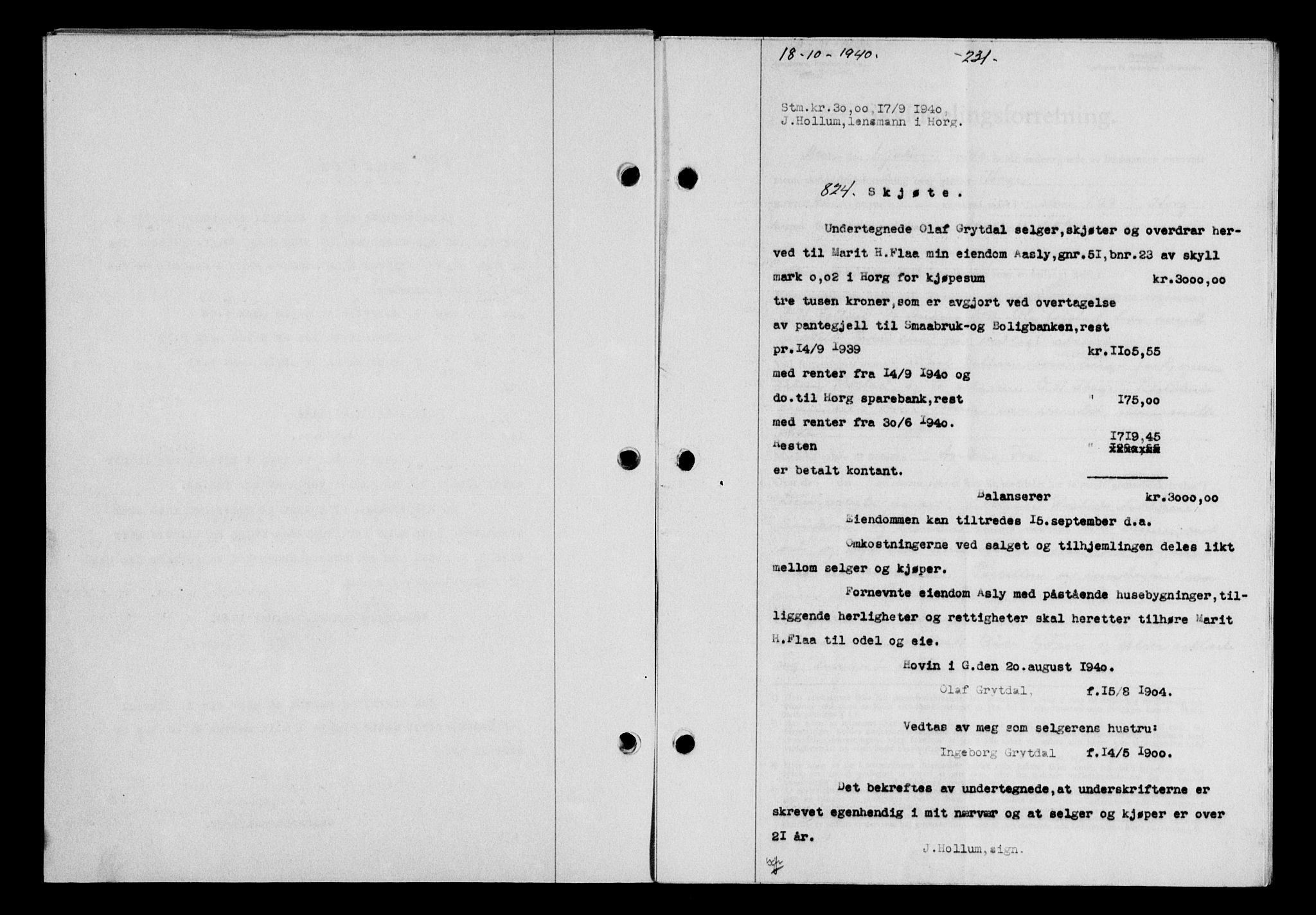 Gauldal sorenskriveri, SAT/A-0014/1/2/2C/L0052: Pantebok nr. 57, 1940-1941, Dagboknr: 824/1940