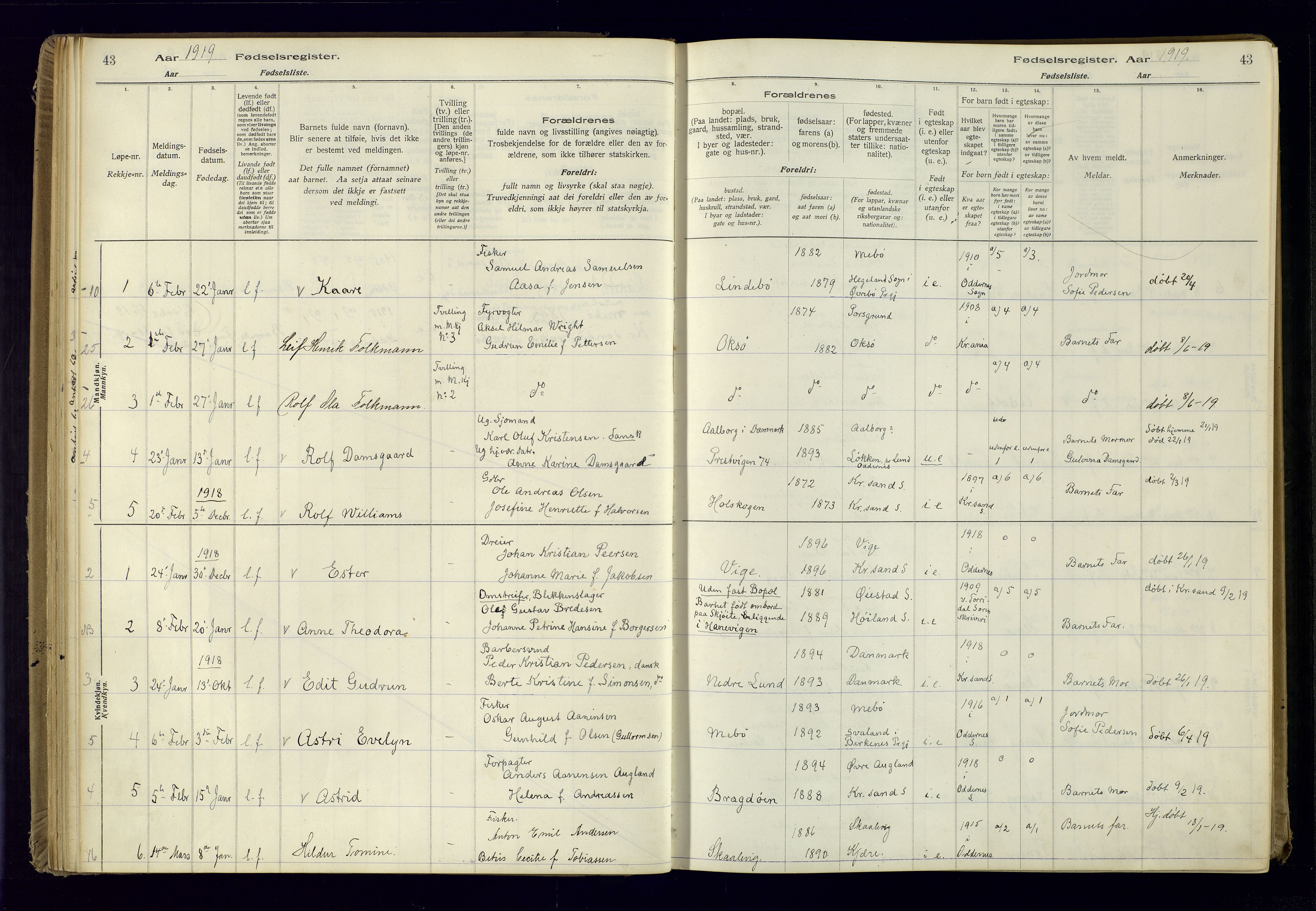 Oddernes sokneprestkontor, SAK/1111-0033/J/Ja/L0001: Fødselsregister nr. 1, 1916-1935, s. 43