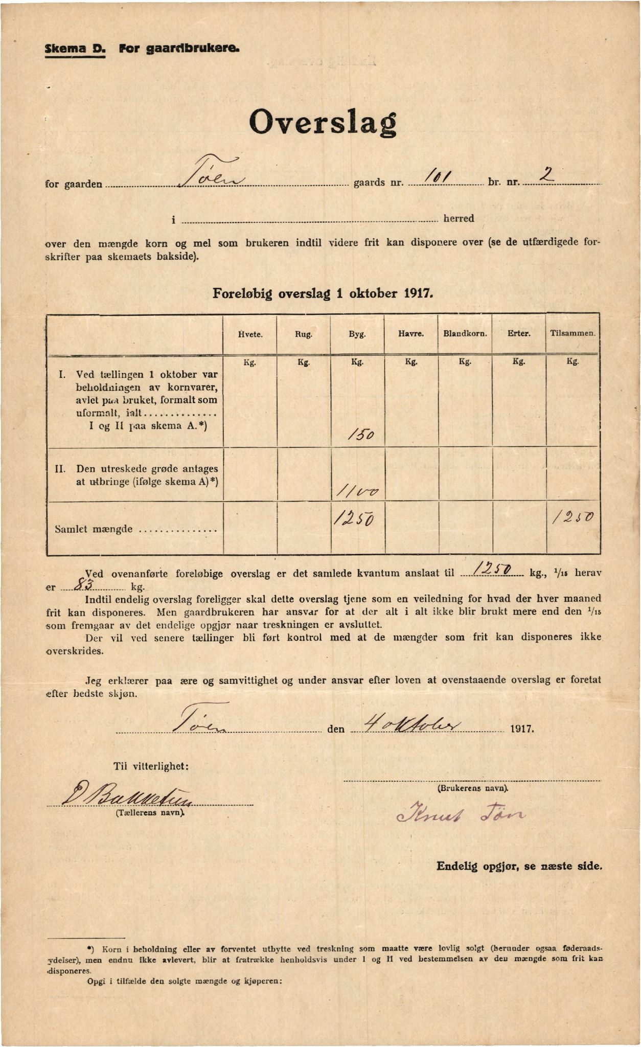 Voss kommune. Provianteringsrådet, IKAH/1235-840/F/Fa/L0001/0005: Kornteljinga. Oppgåve over gardbrukarar / Kornteljinga gnr. 100 Tøn – gnr. 140 Skiple , 1917