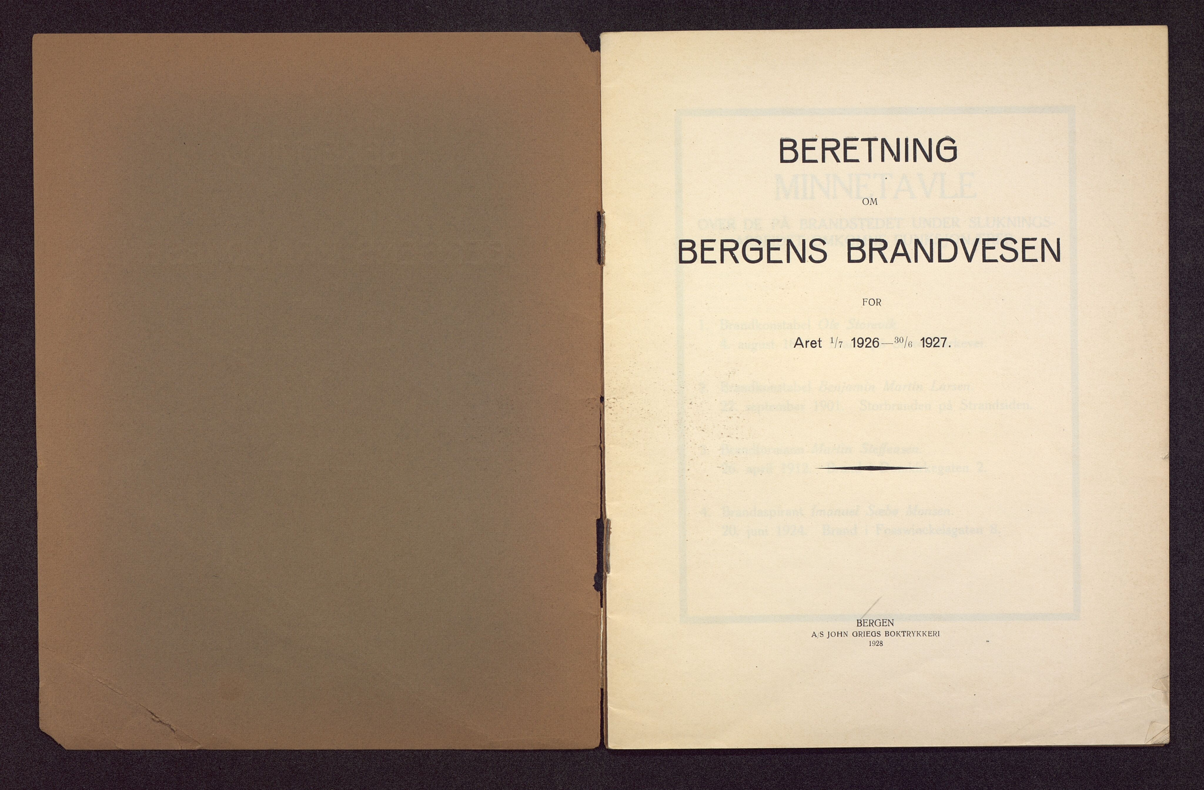 Bergen kommune. Brannvesenet (1863-1971), BBA/A-1181/X/Xa/L0011: Årsberetning, 1926-1927