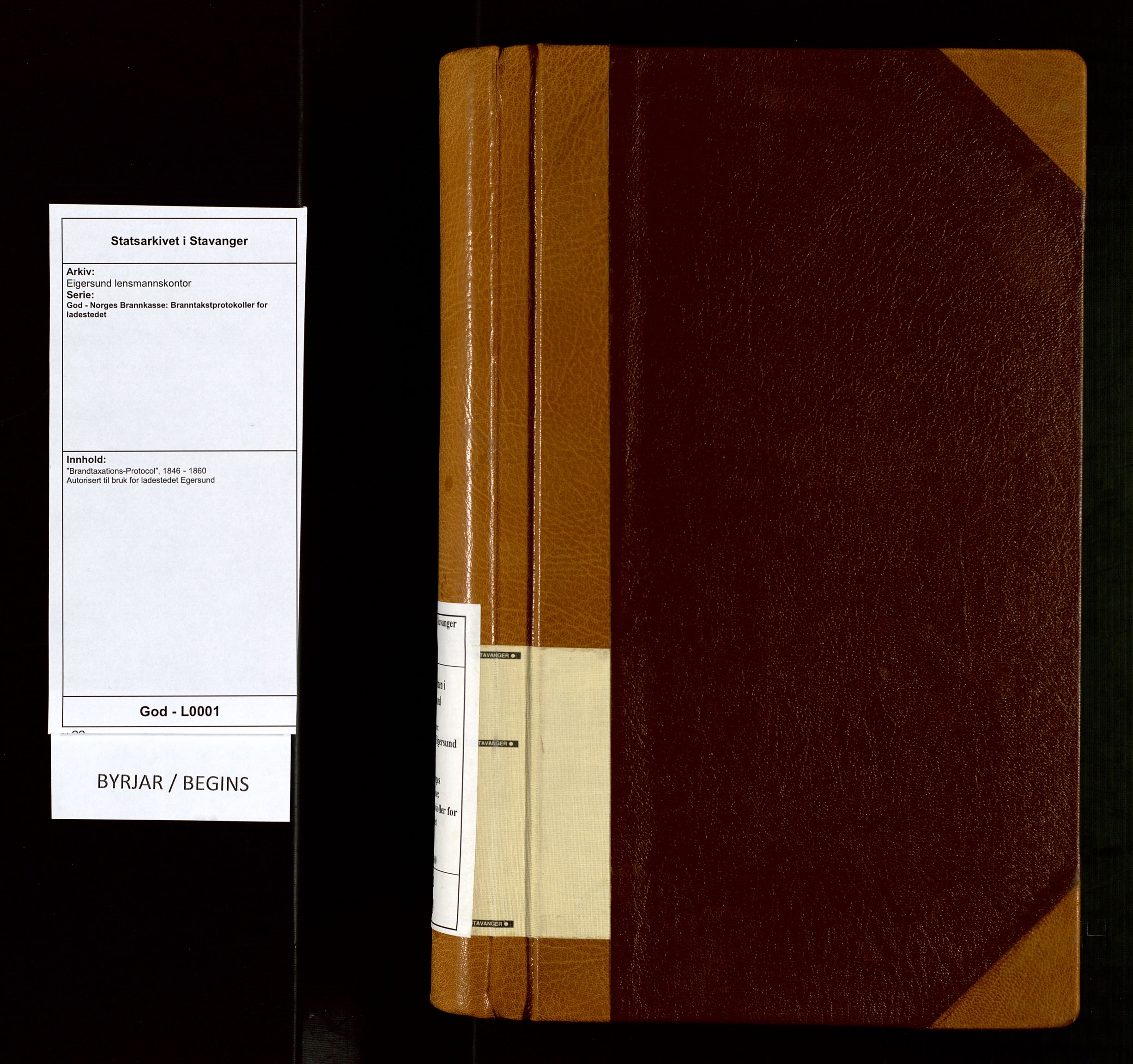 Eigersund lensmannskontor, AV/SAST-A-100171/God/L0001: "Brandtaxations-Protocol", 1846-1860