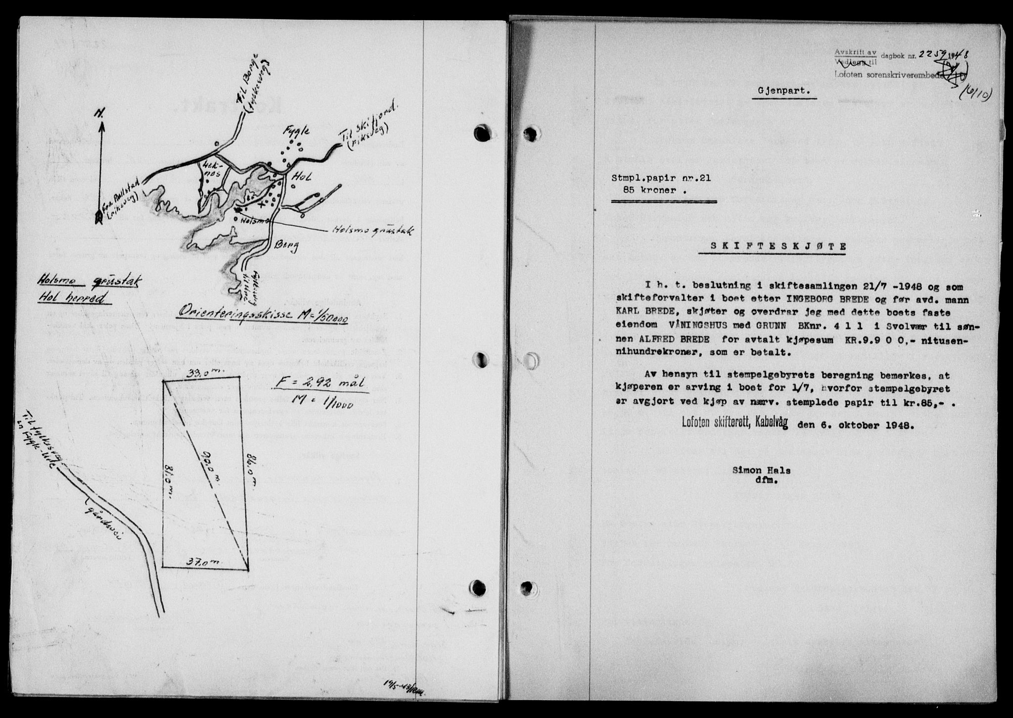 Lofoten sorenskriveri, SAT/A-0017/1/2/2C/L0019a: Pantebok nr. 19a, 1948-1948, Dagboknr: 2259/1948