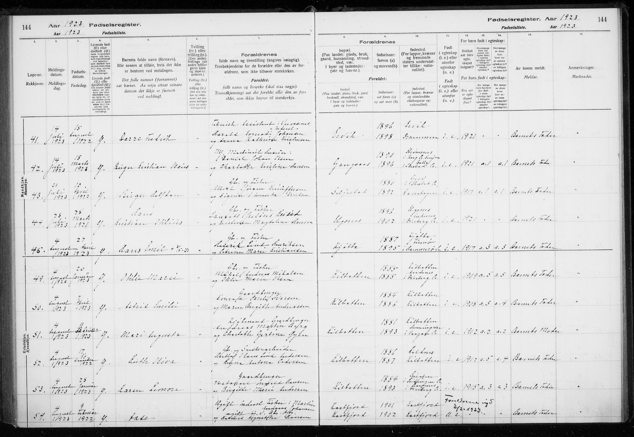 Trondenes sokneprestkontor, AV/SATØ-S-1319/I/Ia/L0089: Fødselsregister nr. 89, 1916-1925, s. 144