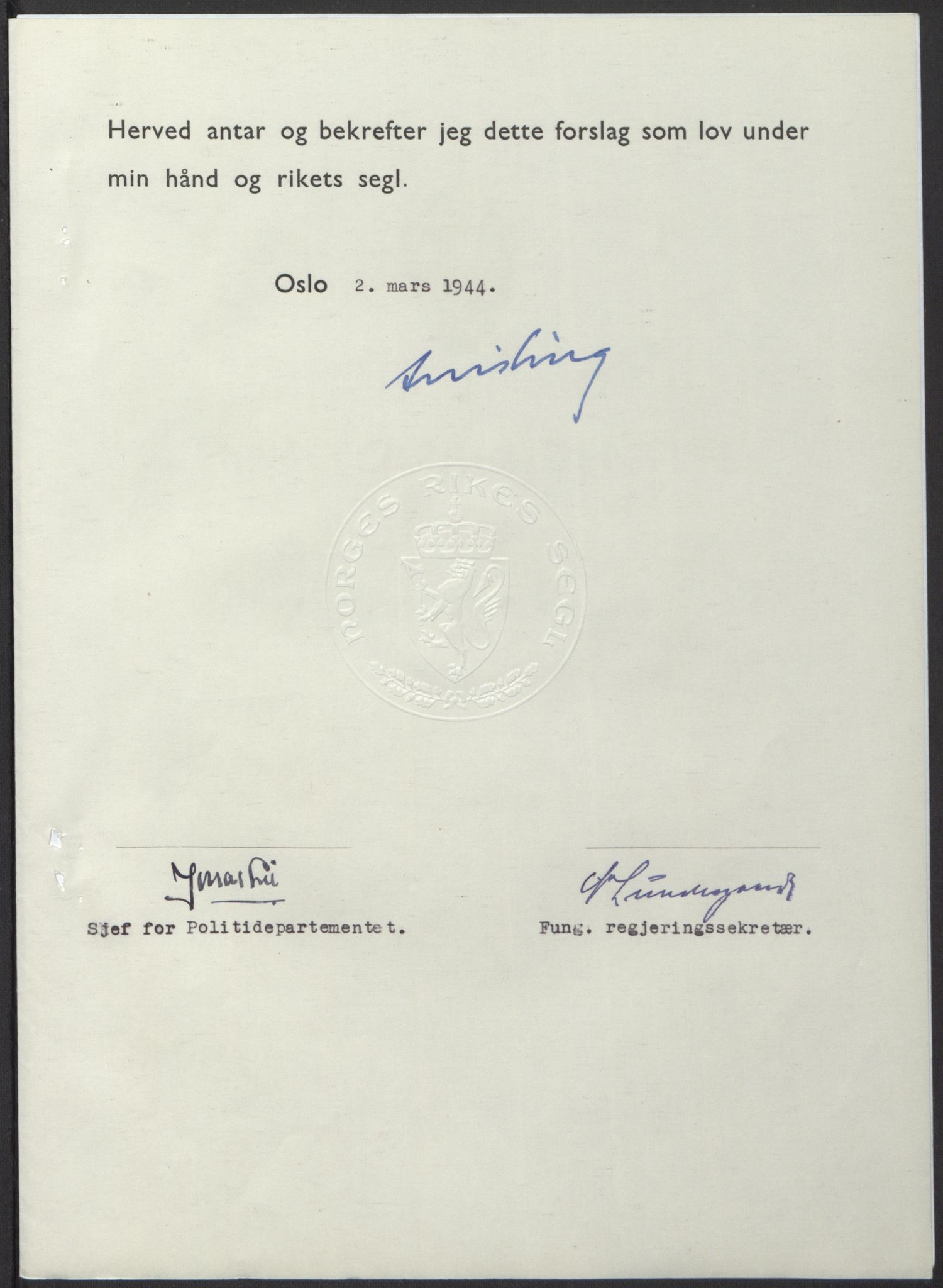 NS-administrasjonen 1940-1945 (Statsrådsekretariatet, de kommisariske statsråder mm), RA/S-4279/D/Db/L0100: Lover, 1944, s. 99