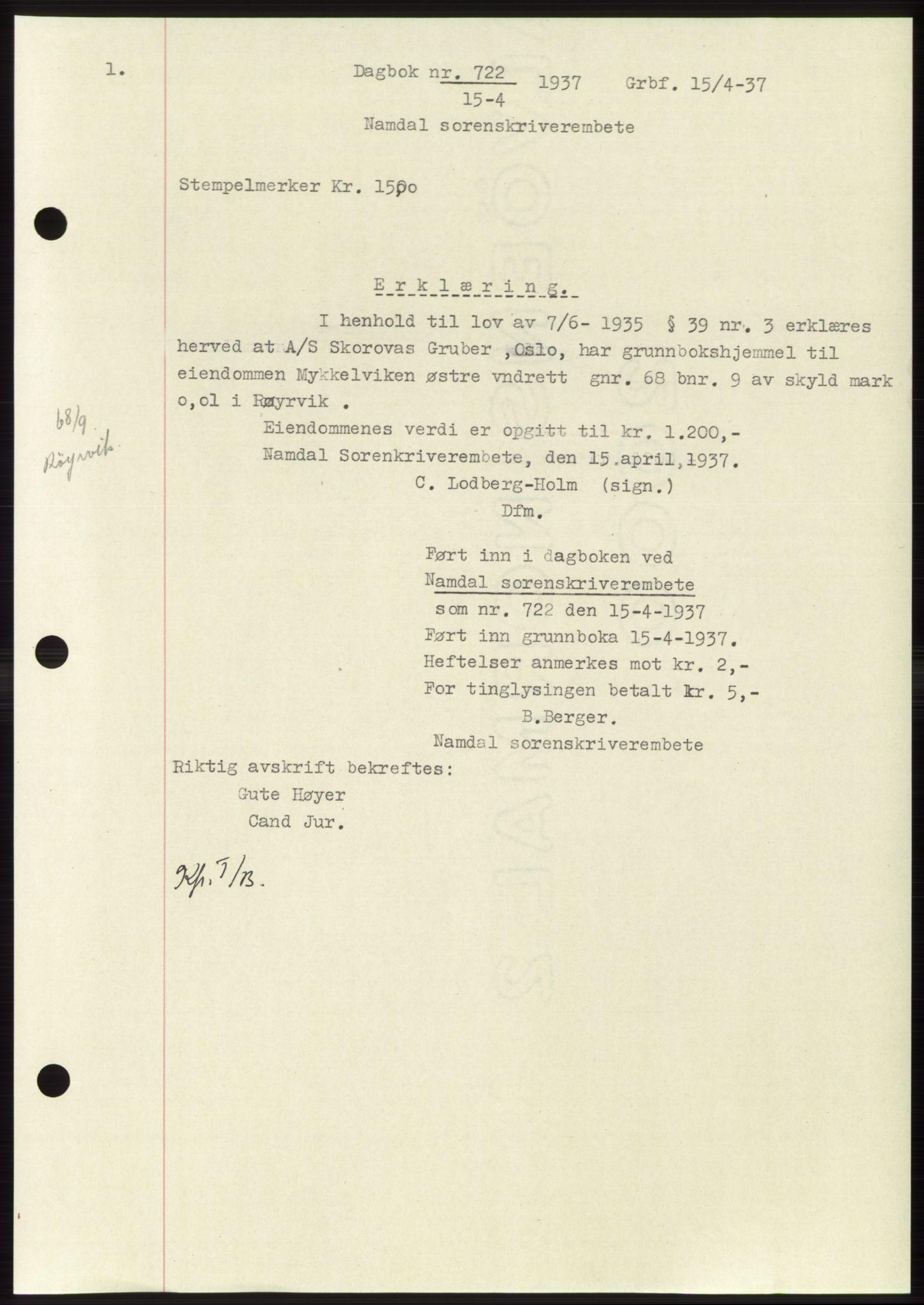 Namdal sorenskriveri, SAT/A-4133/1/2/2C: Pantebok nr. -, 1937-1939, Tingl.dato: 15.04.1937