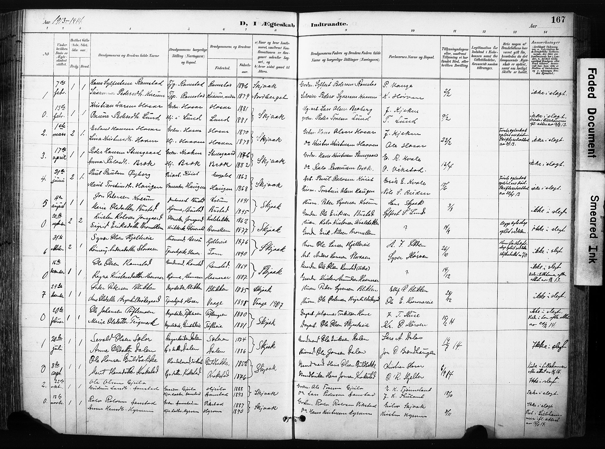 Skjåk prestekontor, AV/SAH-PREST-072/H/Ha/Hab/L0003: Klokkerbok nr. 3, 1893-1932, s. 167