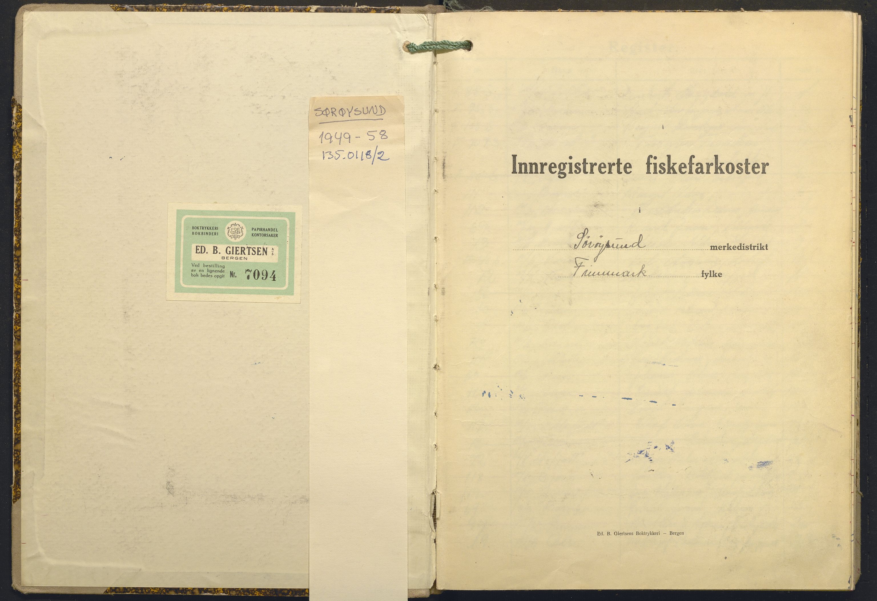 Fiskeridirektoratet - 1 Adm. ledelse - 13 Båtkontoret, AV/SAB-A-2003/I/Ia/Ia.a/L0054: 135.0118/2 Merkeprotokoll - Sørøysund, 1949-1958