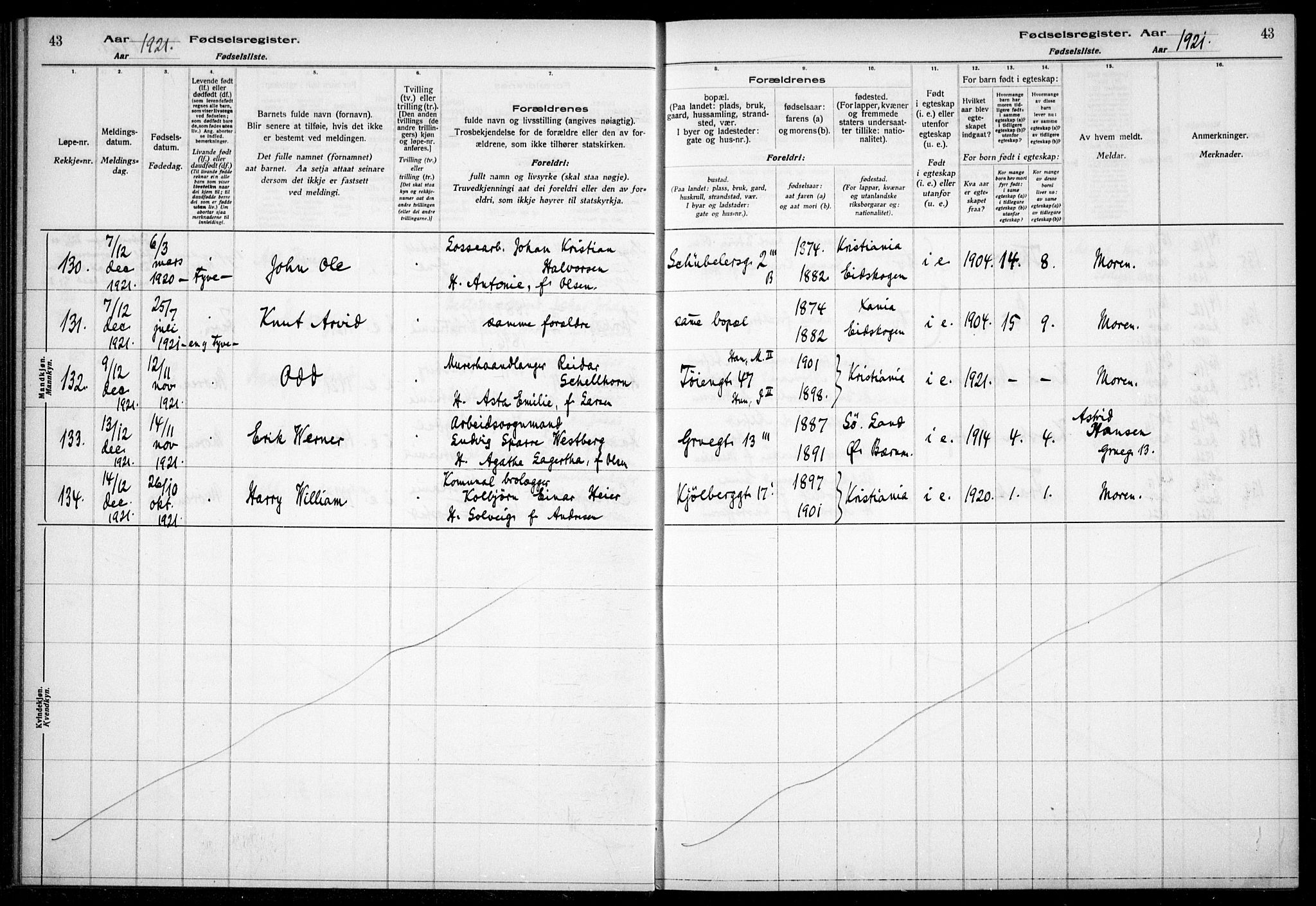 Kampen prestekontor Kirkebøker, AV/SAO-A-10853/J/Ja/L0002: Fødselsregister nr. 2, 1920-1935, s. 43