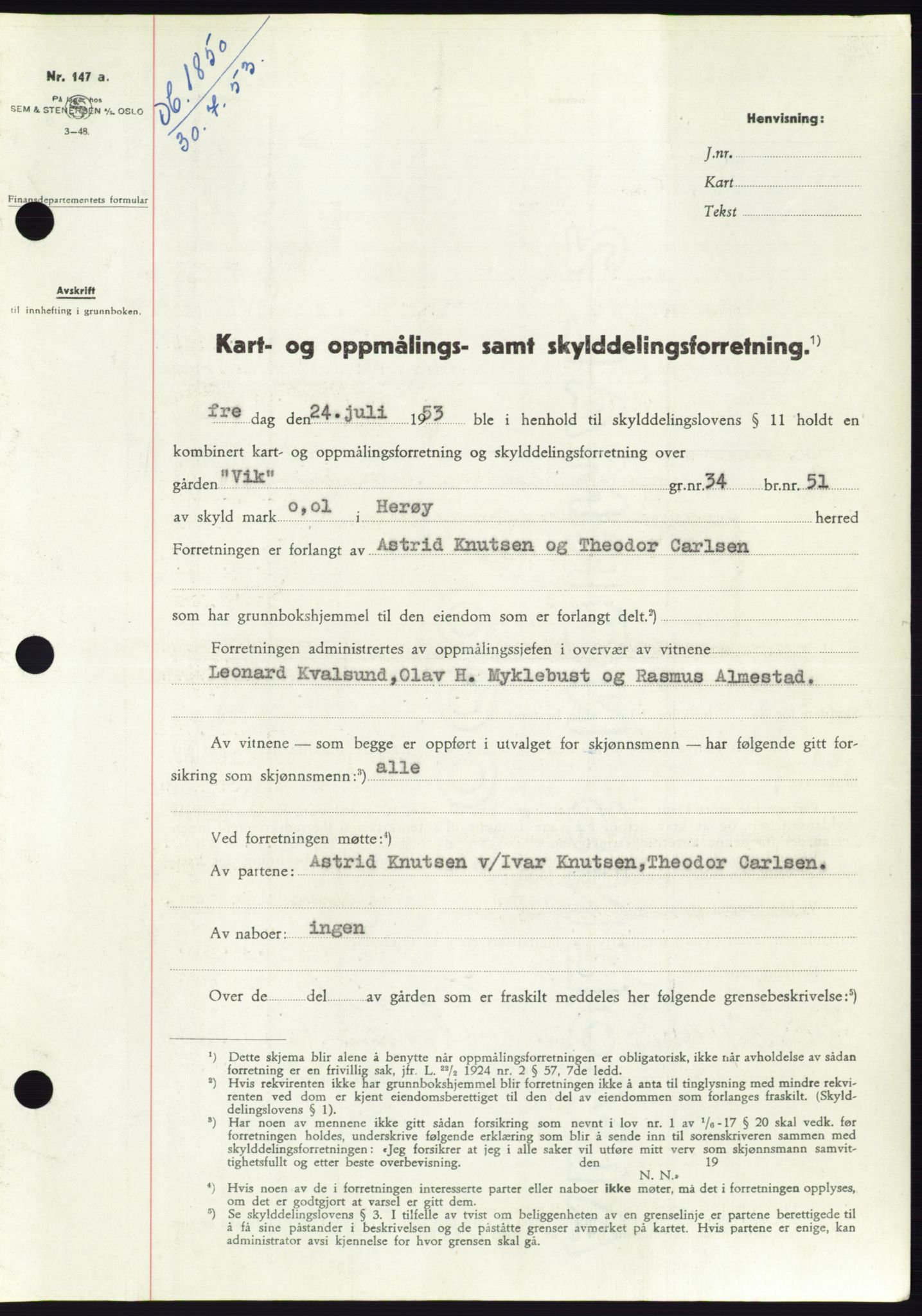 Søre Sunnmøre sorenskriveri, AV/SAT-A-4122/1/2/2C/L0095: Pantebok nr. 21A, 1953-1953, Dagboknr: 1850/1953