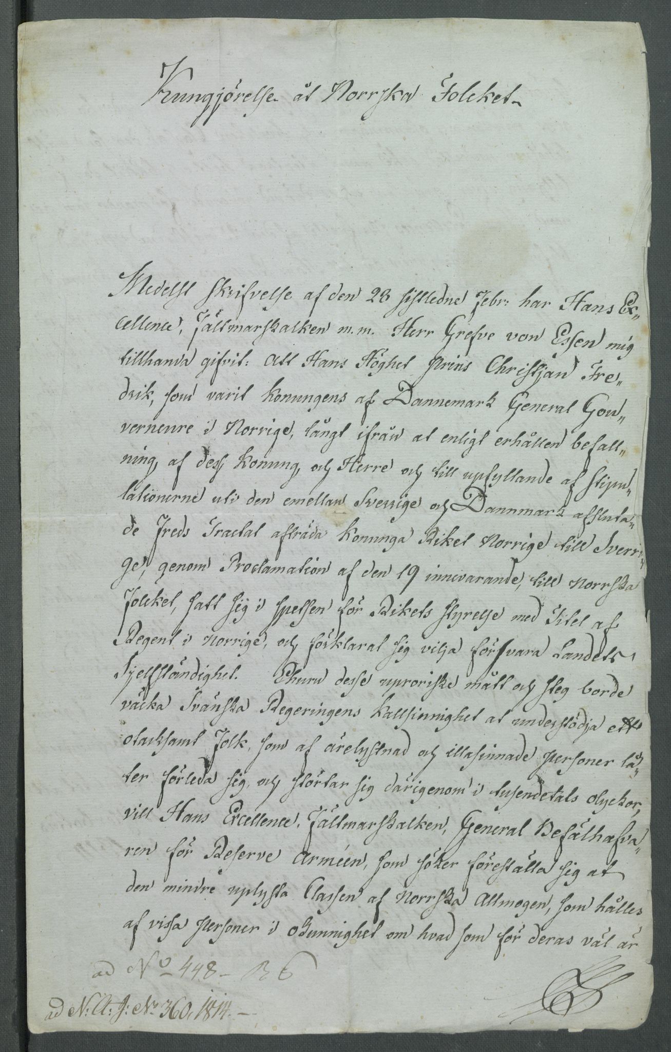Forskjellige samlinger, Historisk-kronologisk samling, AV/RA-EA-4029/G/Ga/L0009A: Historisk-kronologisk samling. Dokumenter fra januar og ut september 1814. , 1814, s. 116