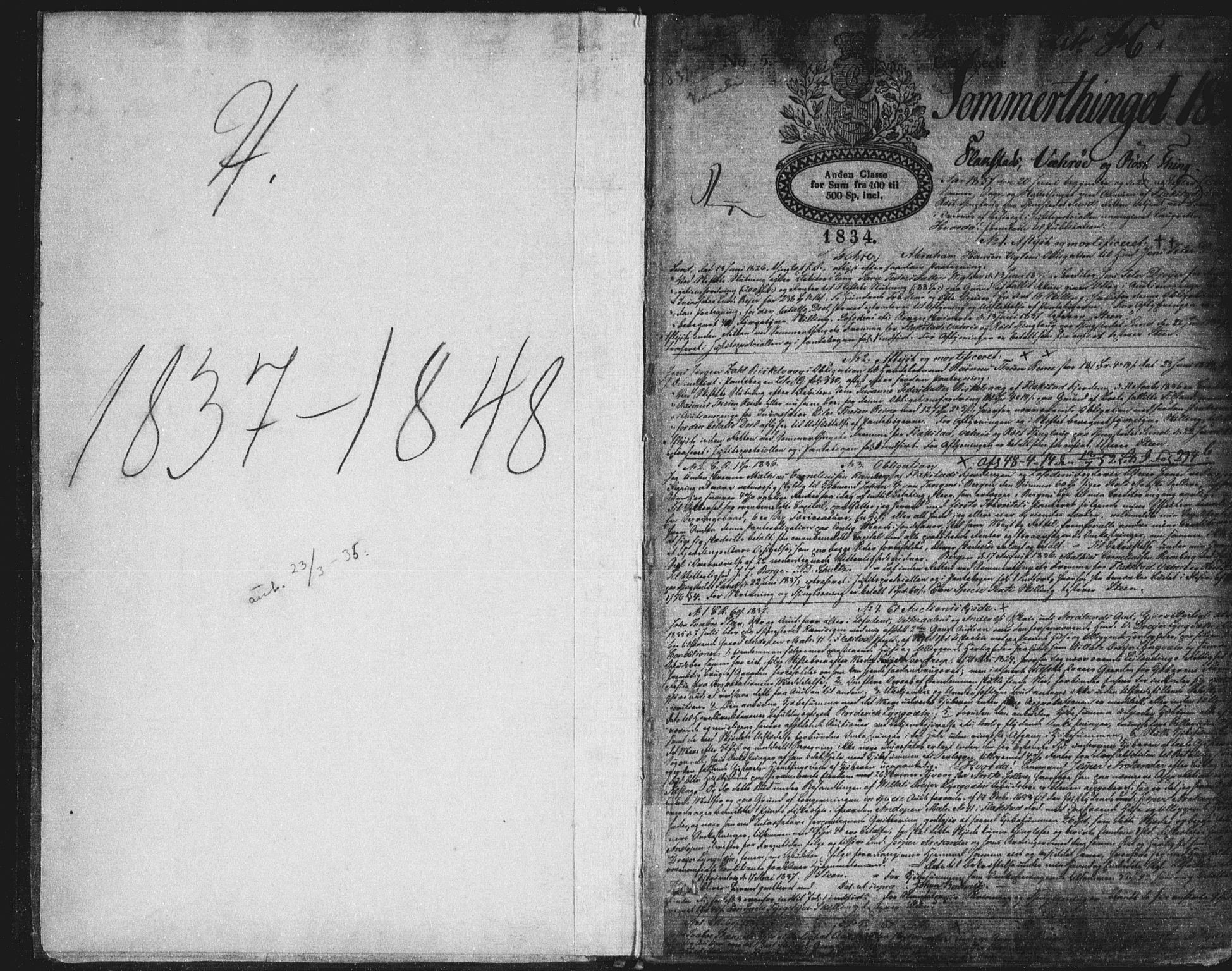 Vesterålen sorenskriveri, SAT/A-4180/1/2/2Ca/L0008: Pantebok nr. H, 1837-1848, s. 1