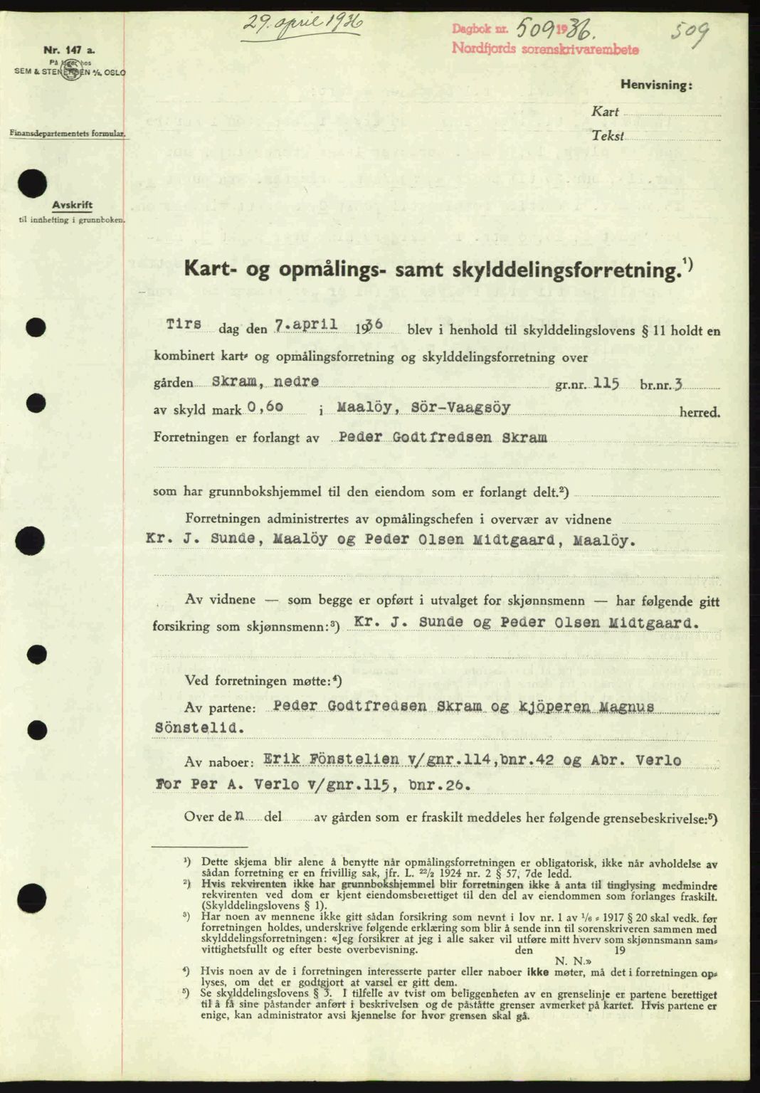 Nordfjord sorenskriveri, AV/SAB-A-2801/02/02b/02bj/L0001: Pantebok nr. A1, 1936-1937, Dagboknr: 509/1936