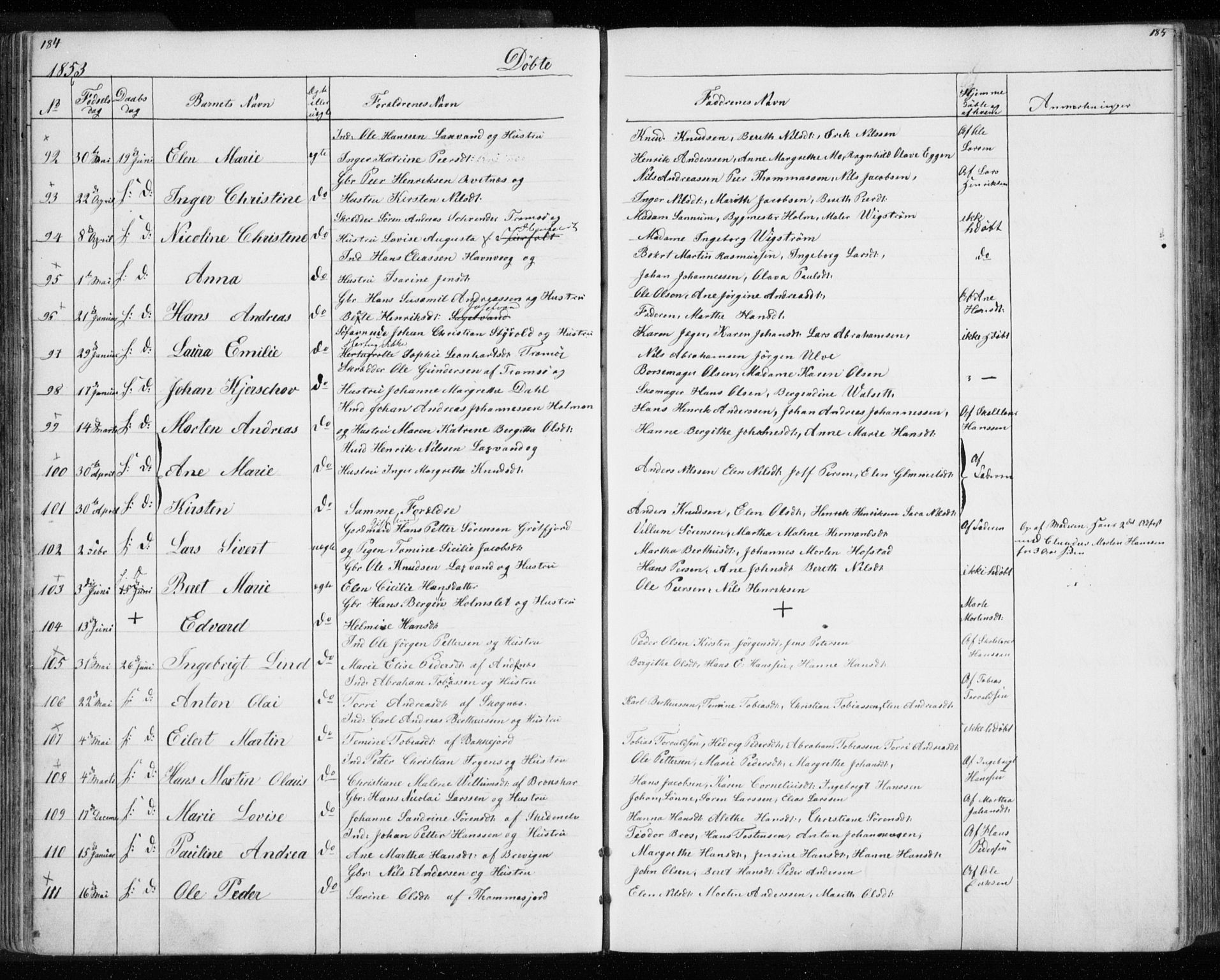 Tromsø sokneprestkontor/stiftsprosti/domprosti, AV/SATØ-S-1343/G/Gb/L0005klokker: Klokkerbok nr. 5, 1846-1857, s. 184-185
