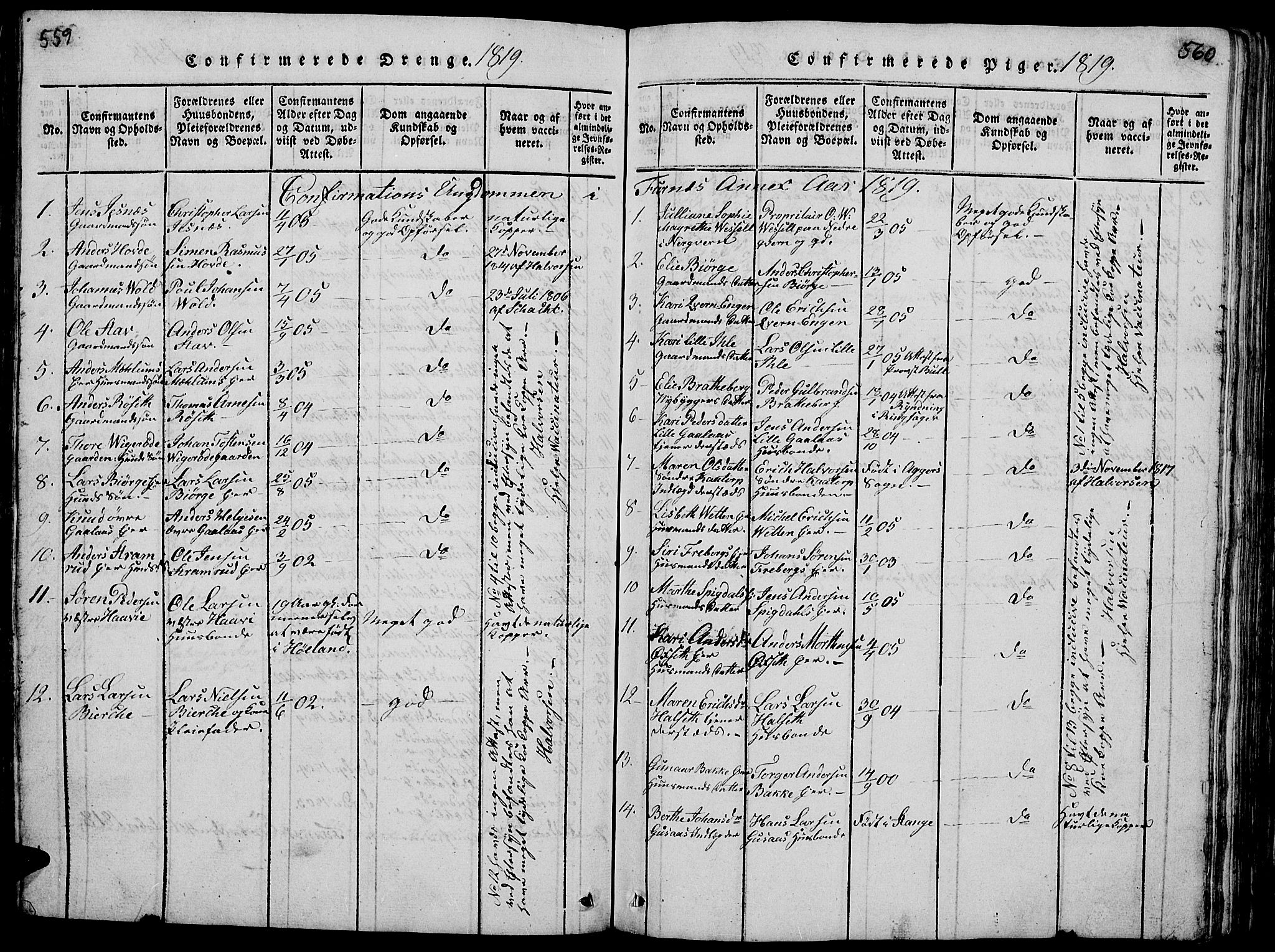 Vang prestekontor, Hedmark, SAH/PREST-008/H/Ha/Hab/L0005: Klokkerbok nr. 5, 1815-1836, s. 559-560