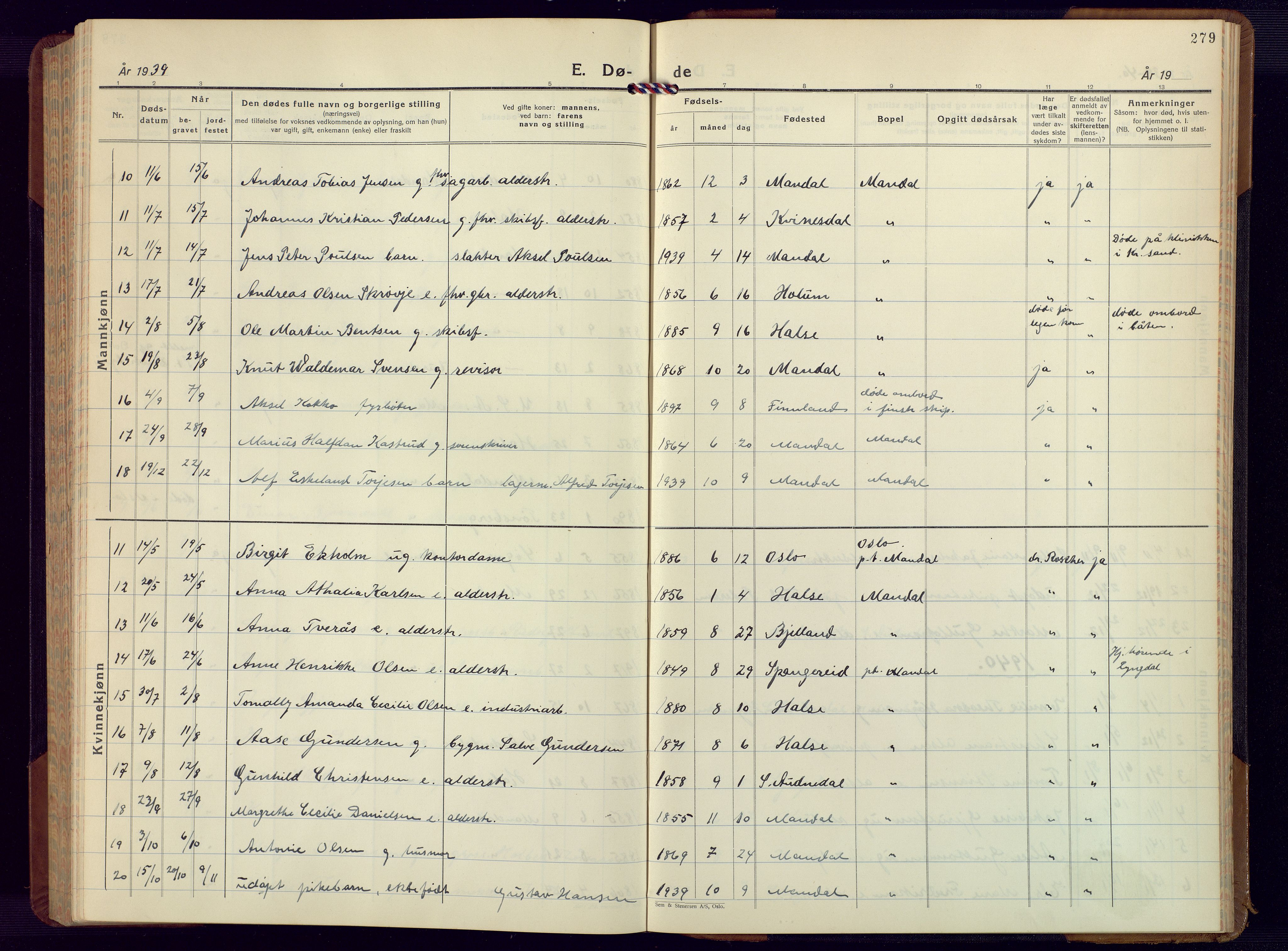 Mandal sokneprestkontor, AV/SAK-1111-0030/F/Fb/Fbc/L0002: Klokkerbok nr. B 2, 1931-1949, s. 279