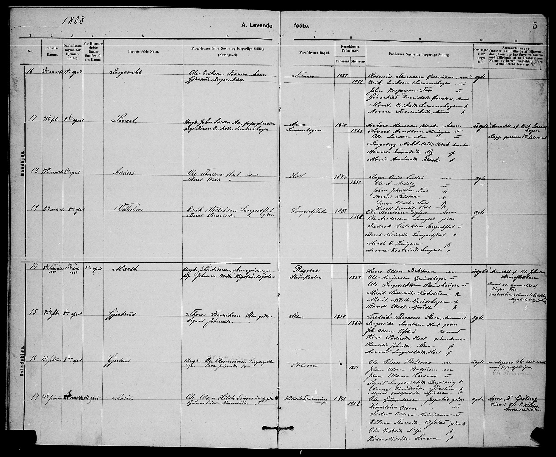 Ministerialprotokoller, klokkerbøker og fødselsregistre - Sør-Trøndelag, AV/SAT-A-1456/672/L0863: Klokkerbok nr. 672C02, 1888-1901, s. 5