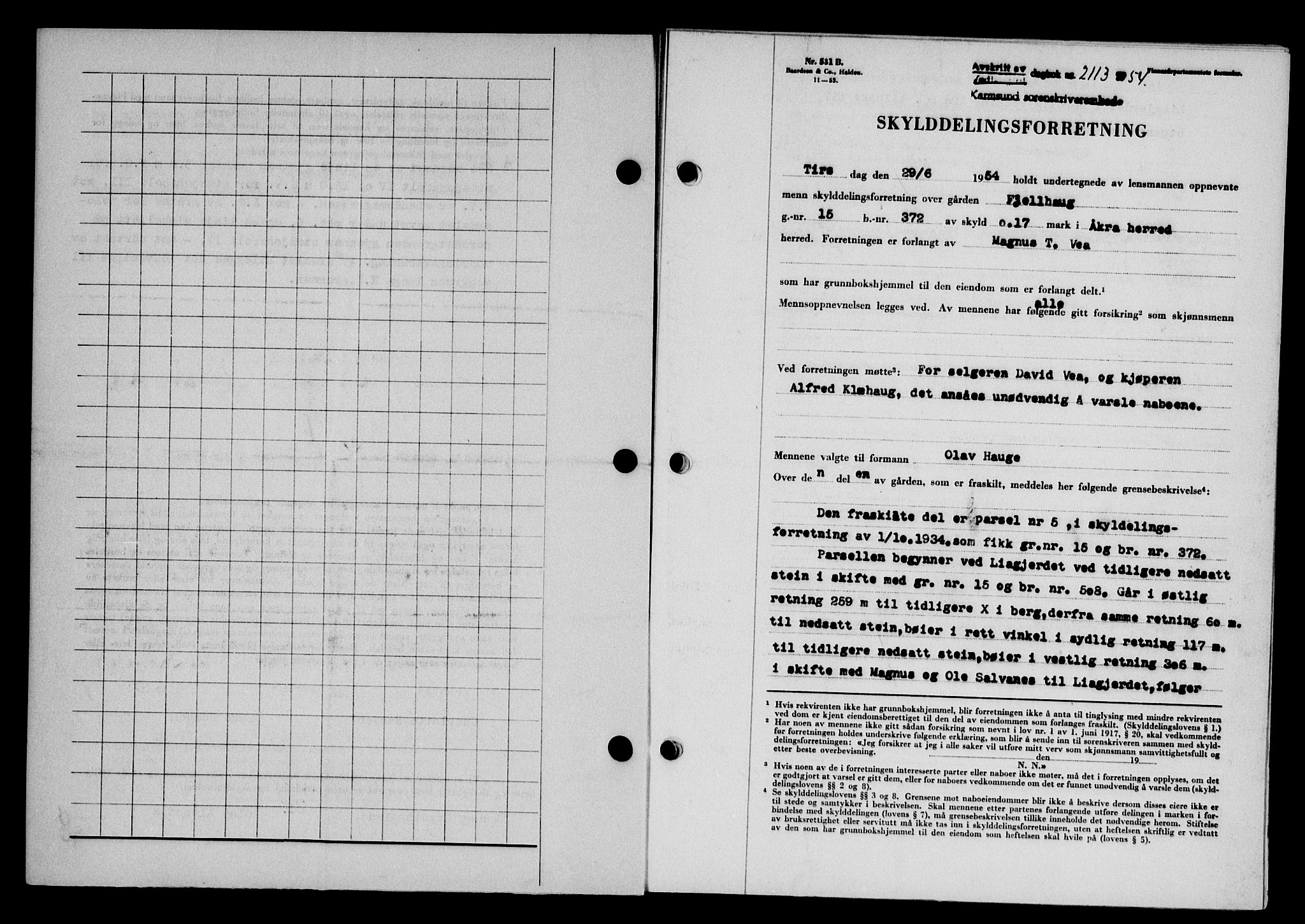 Karmsund sorenskriveri, SAST/A-100311/01/II/IIB/L0113: Pantebok nr. 93A, 1954-1954, Dagboknr: 2113/1954