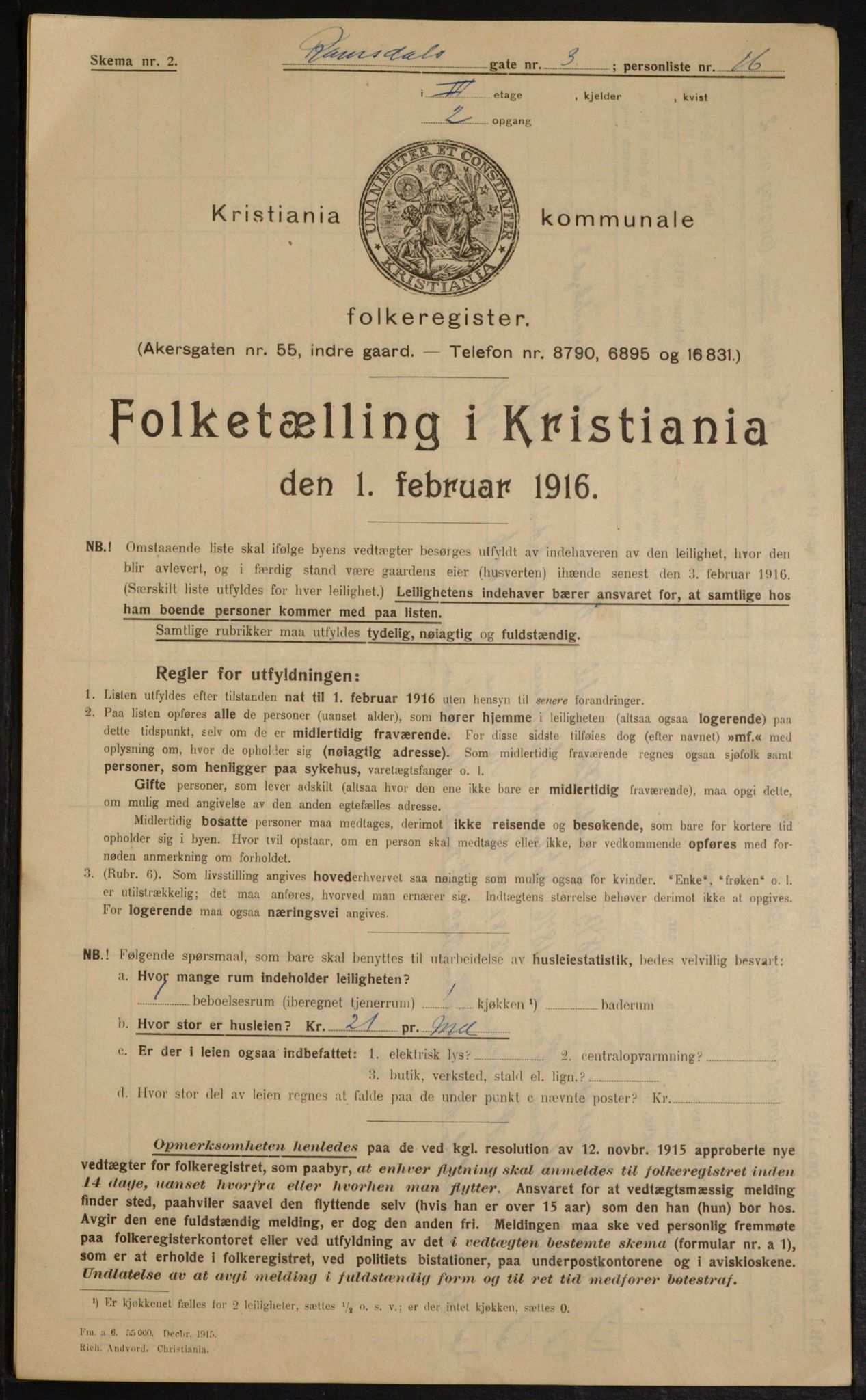 OBA, Kommunal folketelling 1.2.1916 for Kristiania, 1916, s. 85354