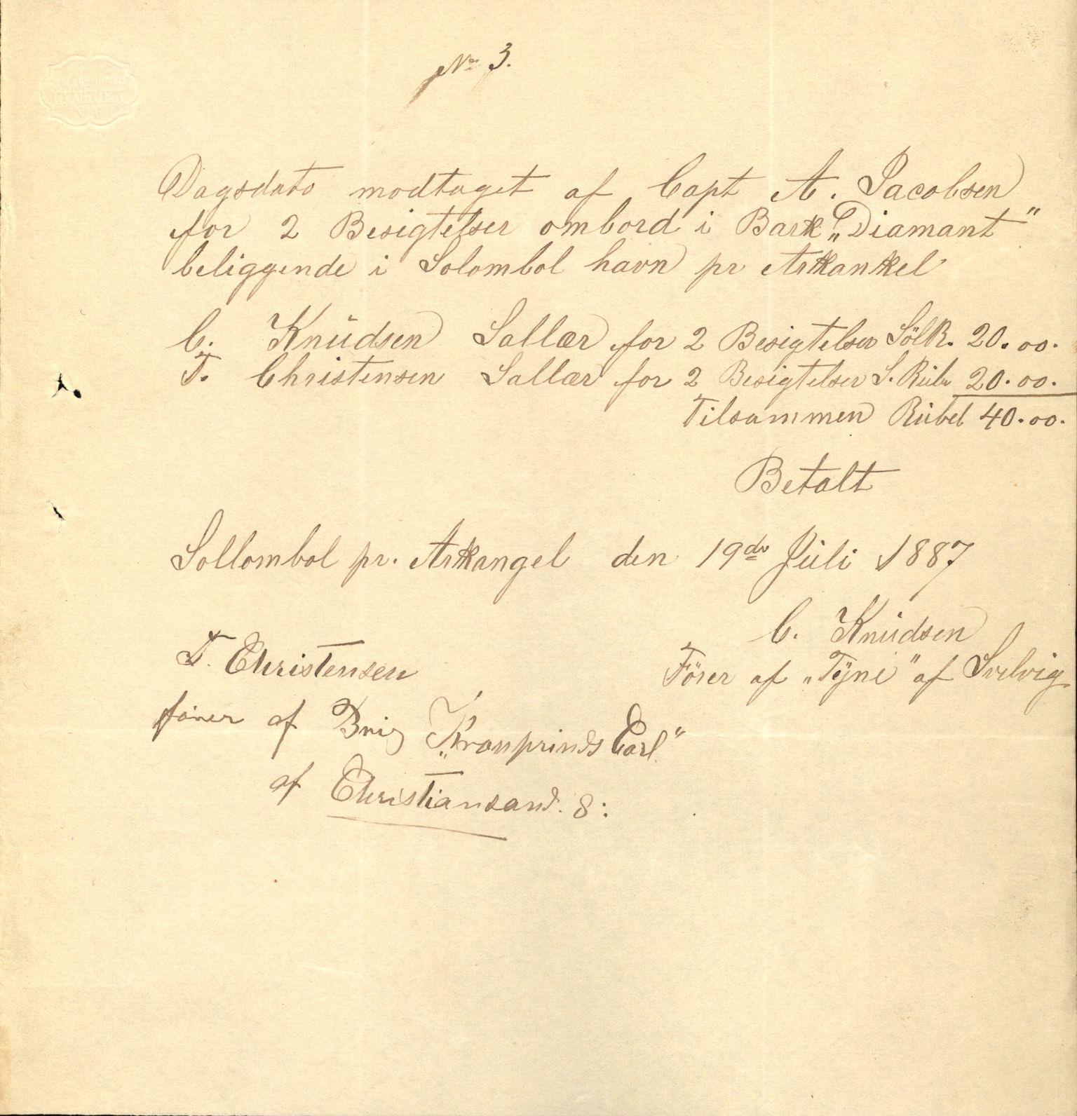 Pa 63 - Østlandske skibsassuranceforening, VEMU/A-1079/G/Ga/L0020/0003: Havaridokumenter / Anton, Diamant, Templar, Finn, Eliezer, Arctic, 1887, s. 115