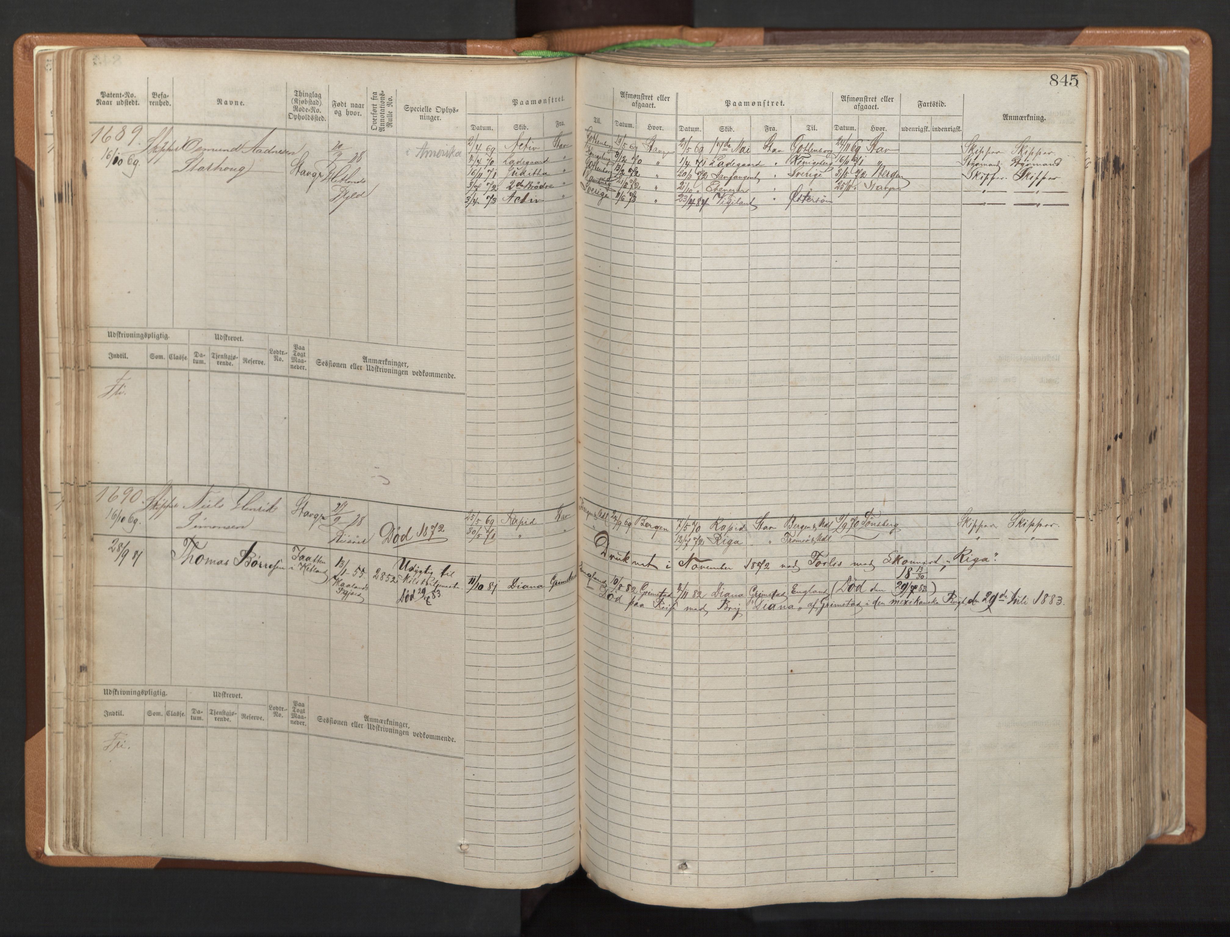 Stavanger sjømannskontor, AV/SAST-A-102006/F/Fb/Fbb/L0006: Sjøfartshovedrulle, patentnr. 1607-2402 (del 3), 1869-1880, s. 44