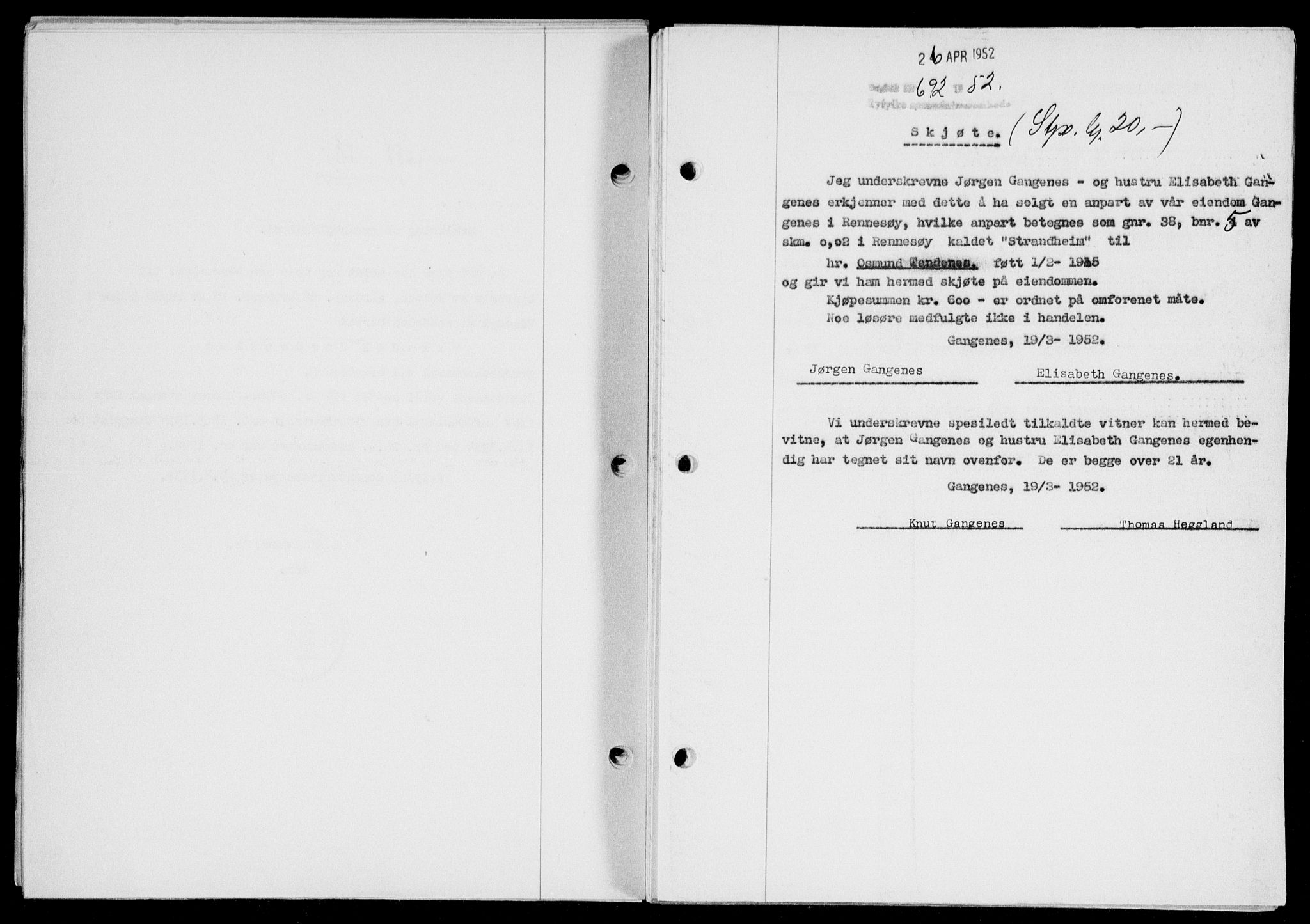 Ryfylke tingrett, SAST/A-100055/001/II/IIB/L0116: Pantebok nr. 95, 1951-1952, Dagboknr: 692/1952