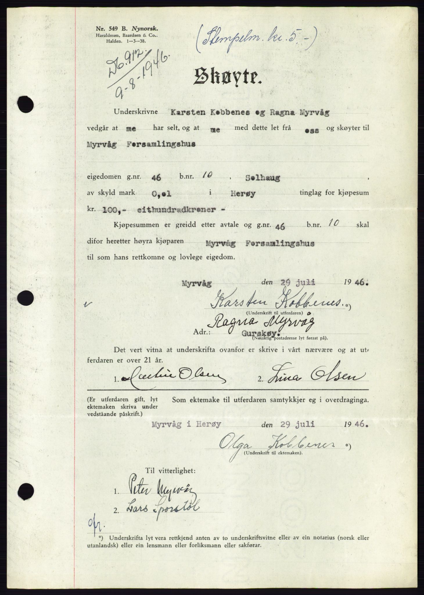 Søre Sunnmøre sorenskriveri, AV/SAT-A-4122/1/2/2C/L0078: Pantebok nr. 4A, 1946-1946, Dagboknr: 912/1946