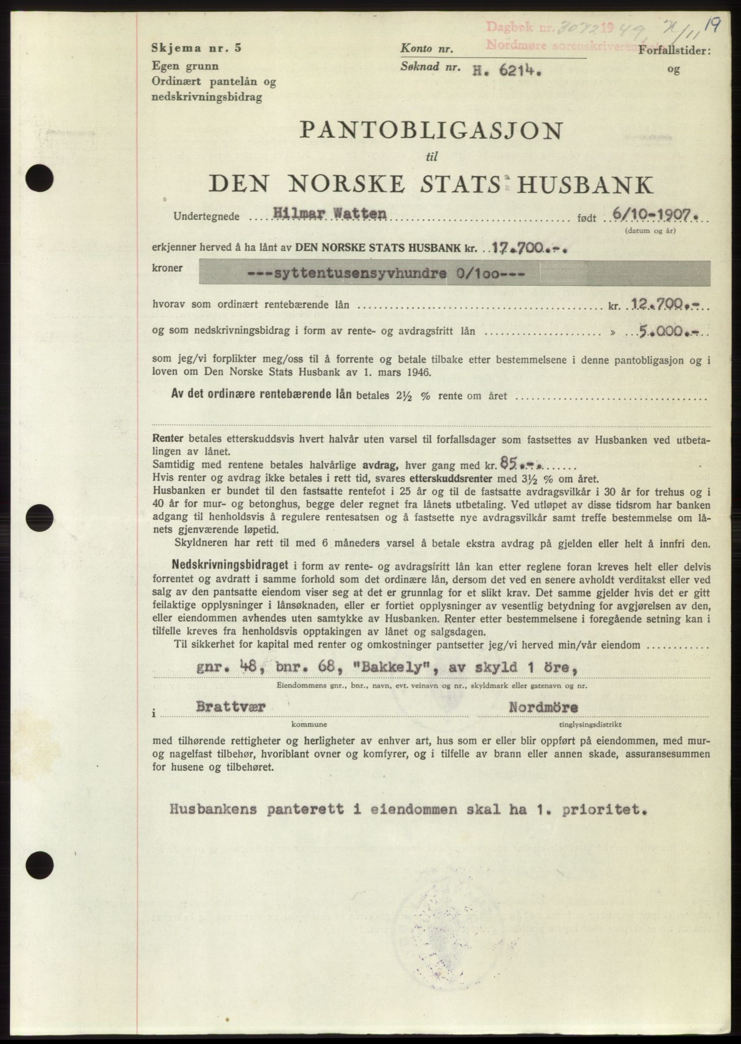 Nordmøre sorenskriveri, SAT/A-4132/1/2/2Ca: Pantebok nr. B103, 1949-1950, Dagboknr: 3072/1949