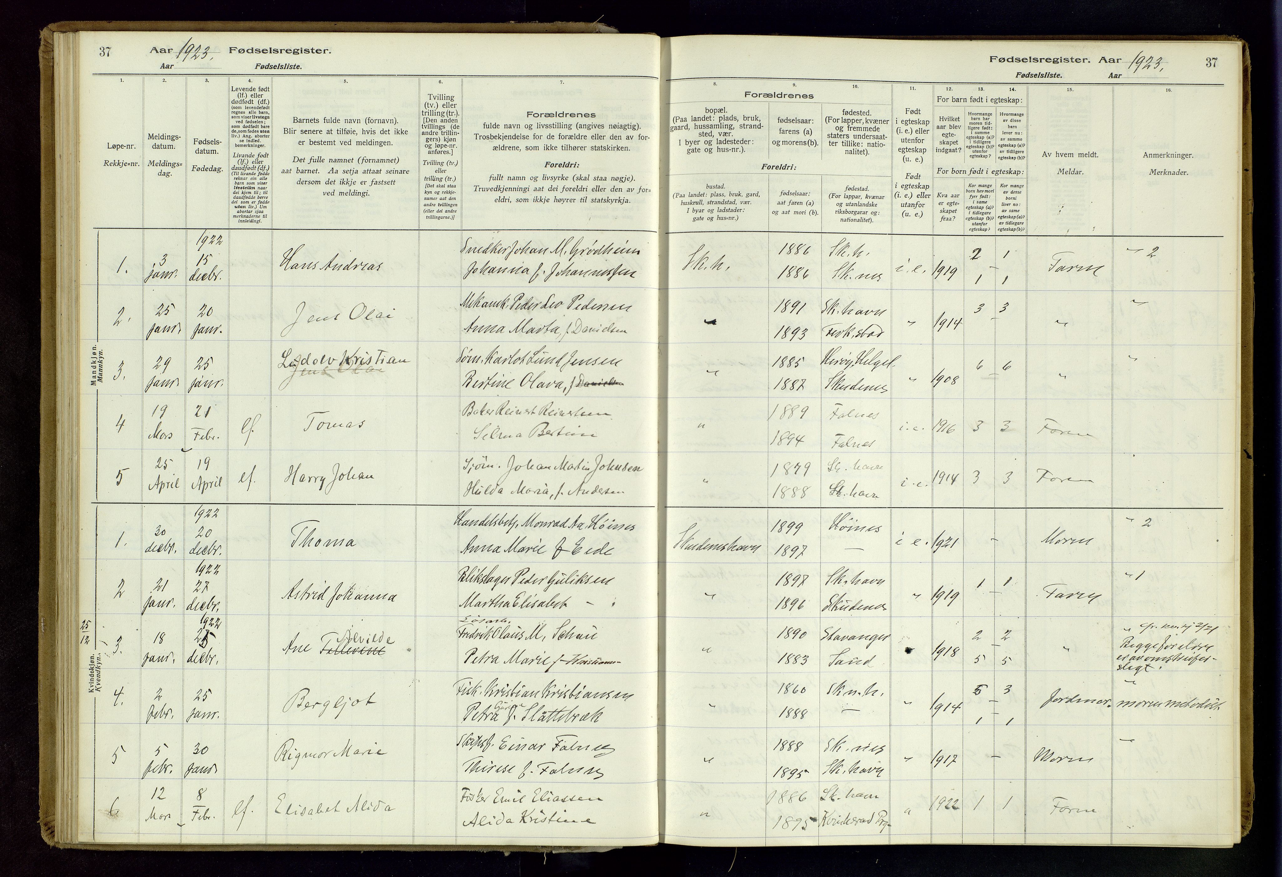 Skudenes sokneprestkontor, AV/SAST-A -101849/I/Id/L0003: Fødselsregister nr. 3, 1916-1964, s. 37