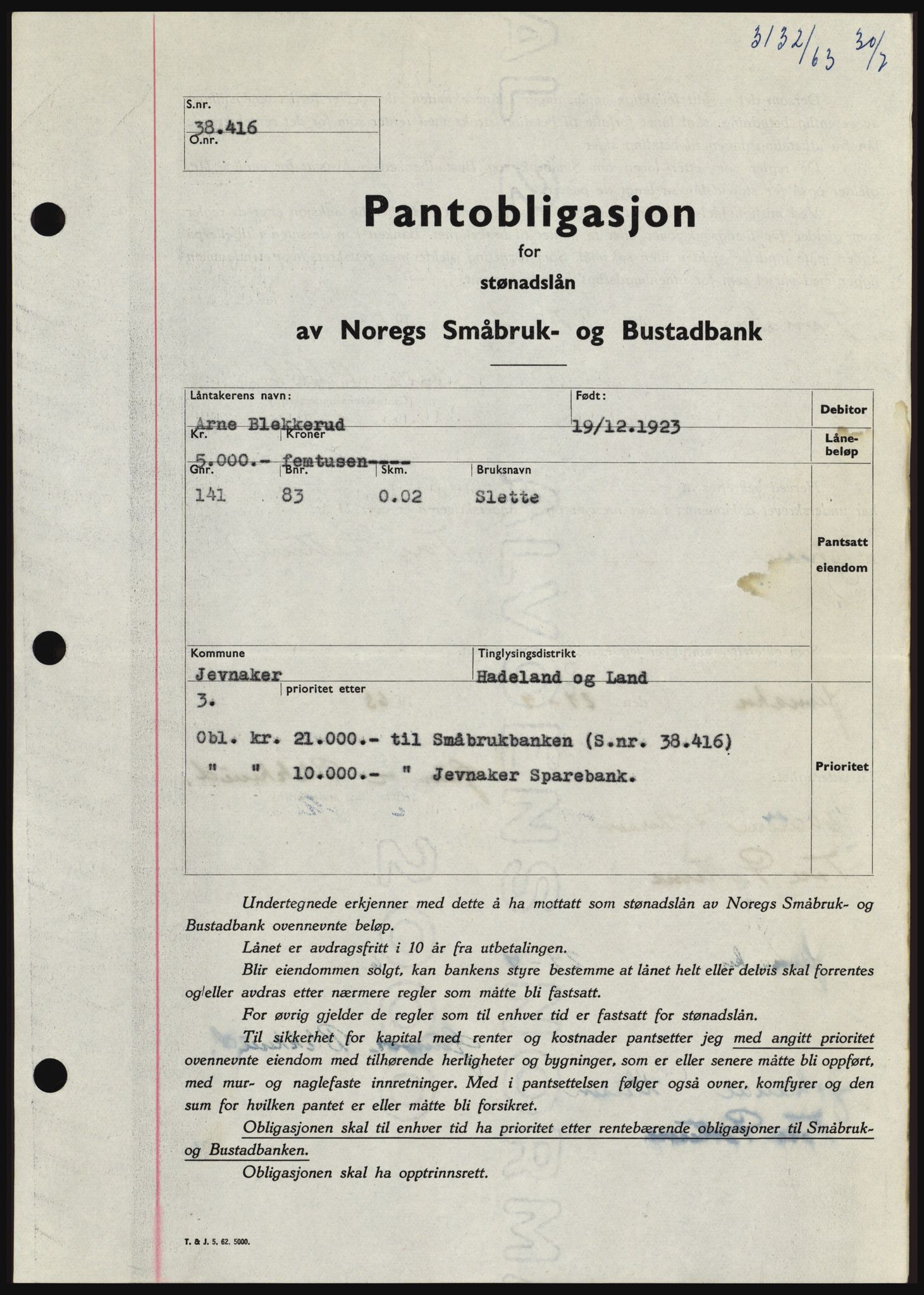 Hadeland og Land tingrett, SAH/TING-010/H/Hb/Hbc/L0052: Pantebok nr. B52, 1963-1963, Dagboknr: 3132/1963