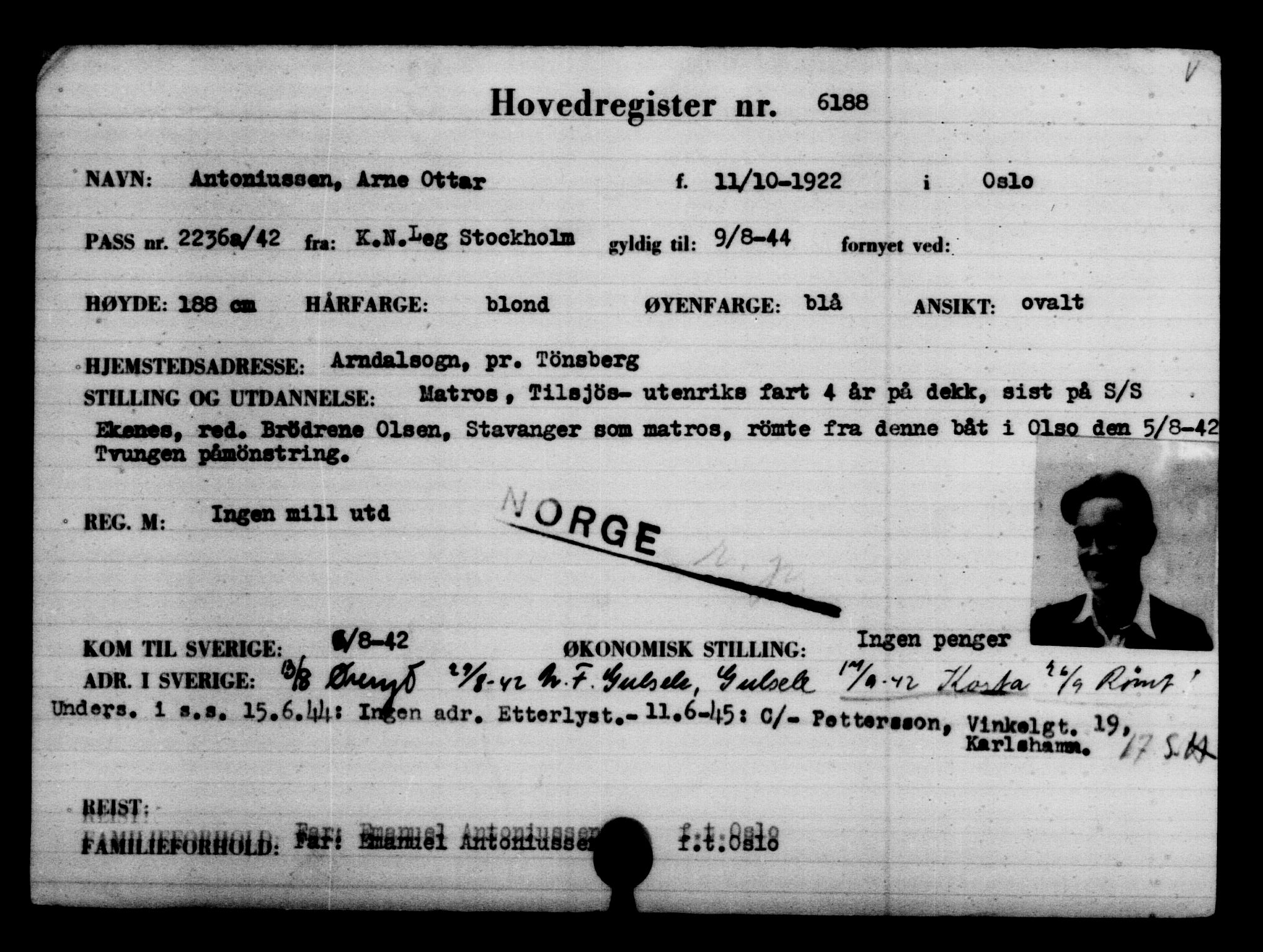 Utenriksstasjonene, Legasjonen i Stockholm, Flyktningkontoret, AV/RA-S-6753/V/Va/L0004: Kjesäterkartoteket, flyktninger med registreringsnr. 3496-6610, 1940-1945, s. 3160