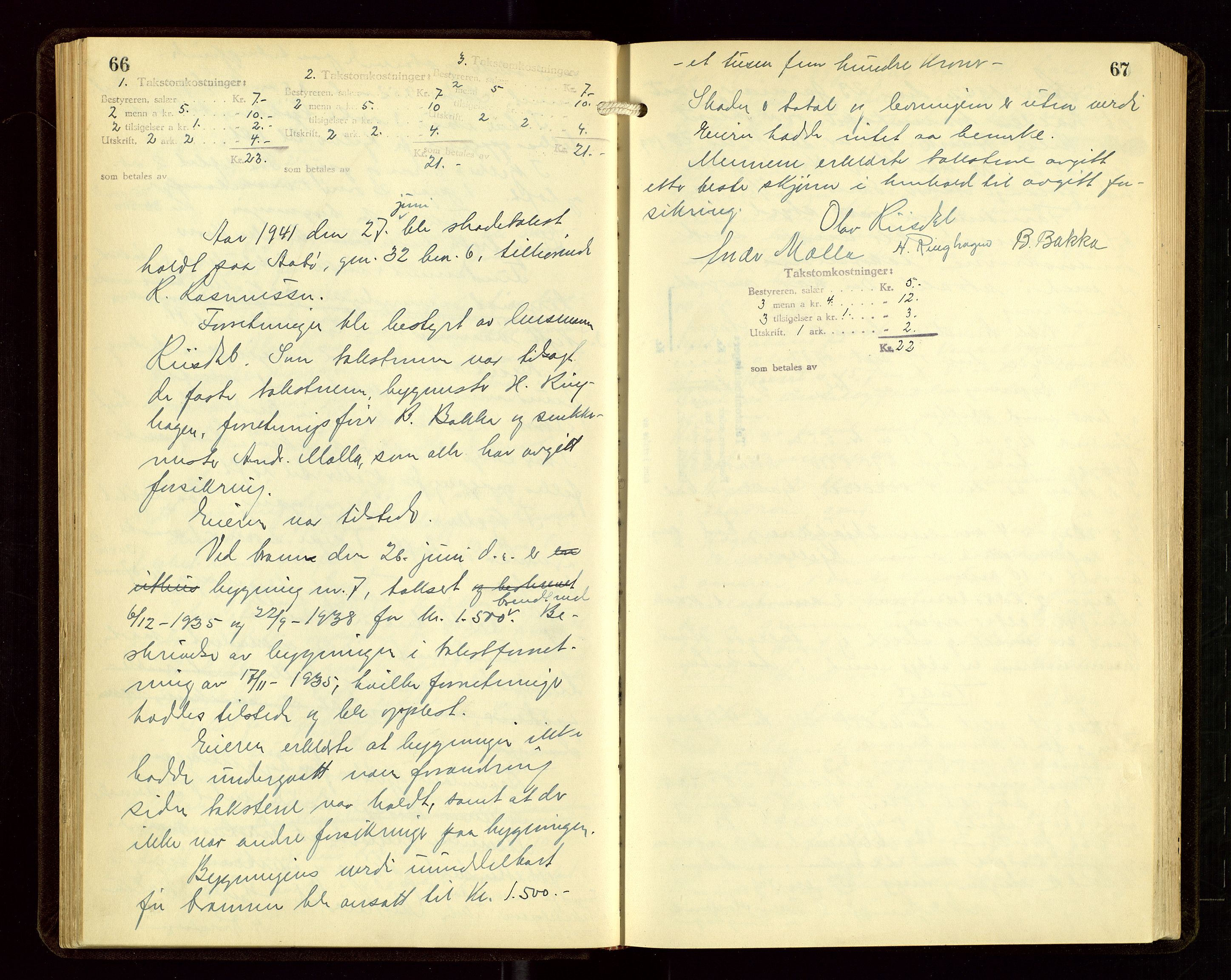 Sauda lensmannskontor, SAST/A-100177/Goa/L0004: "Brandtakstprotokoll for Sauda lensmannsdistrikt", 1934-1946, s. 66-67