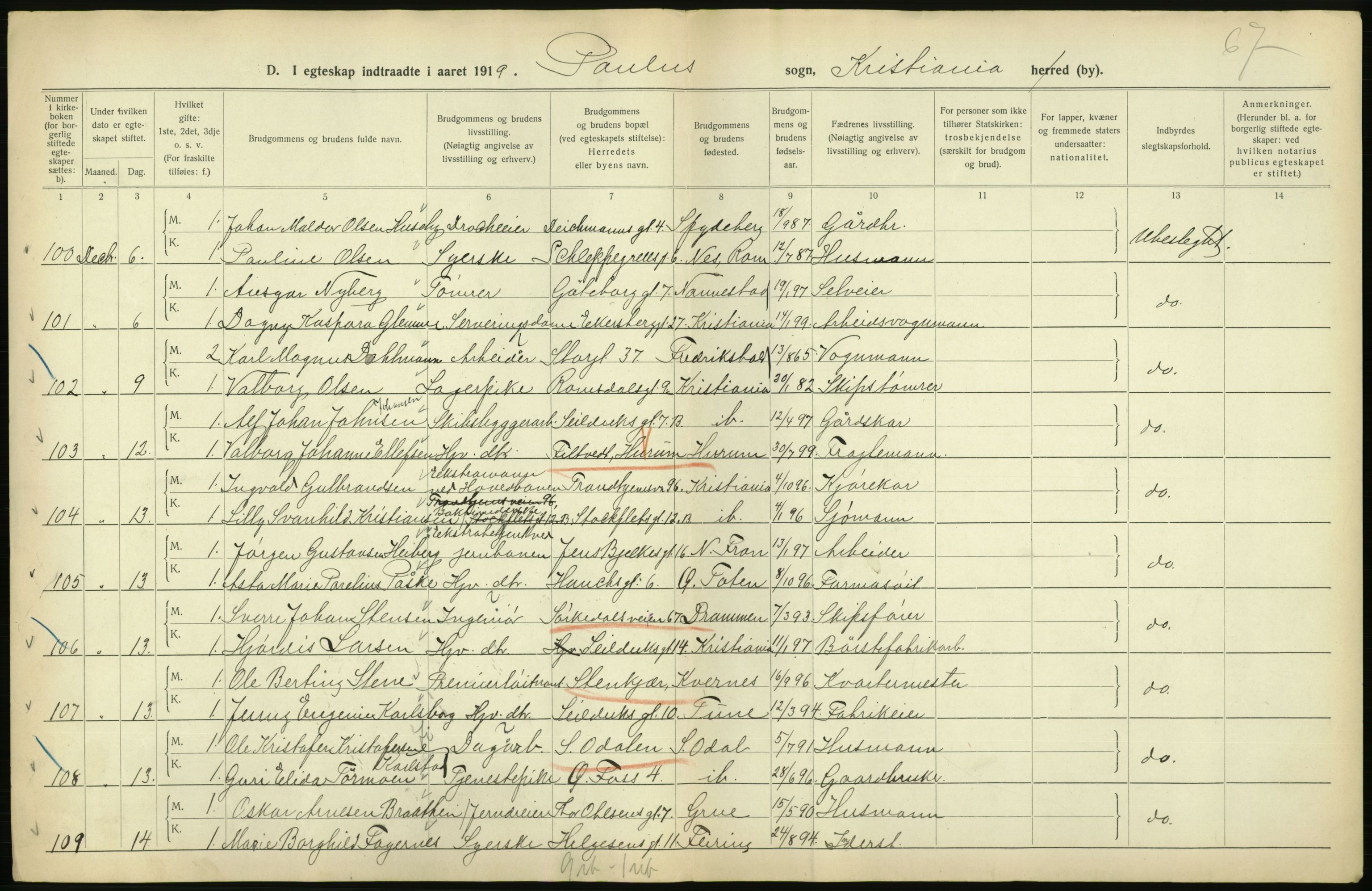 Statistisk sentralbyrå, Sosiodemografiske emner, Befolkning, AV/RA-S-2228/D/Df/Dfb/Dfbi/L0009: Kristiania: Gifte, 1919, s. 626